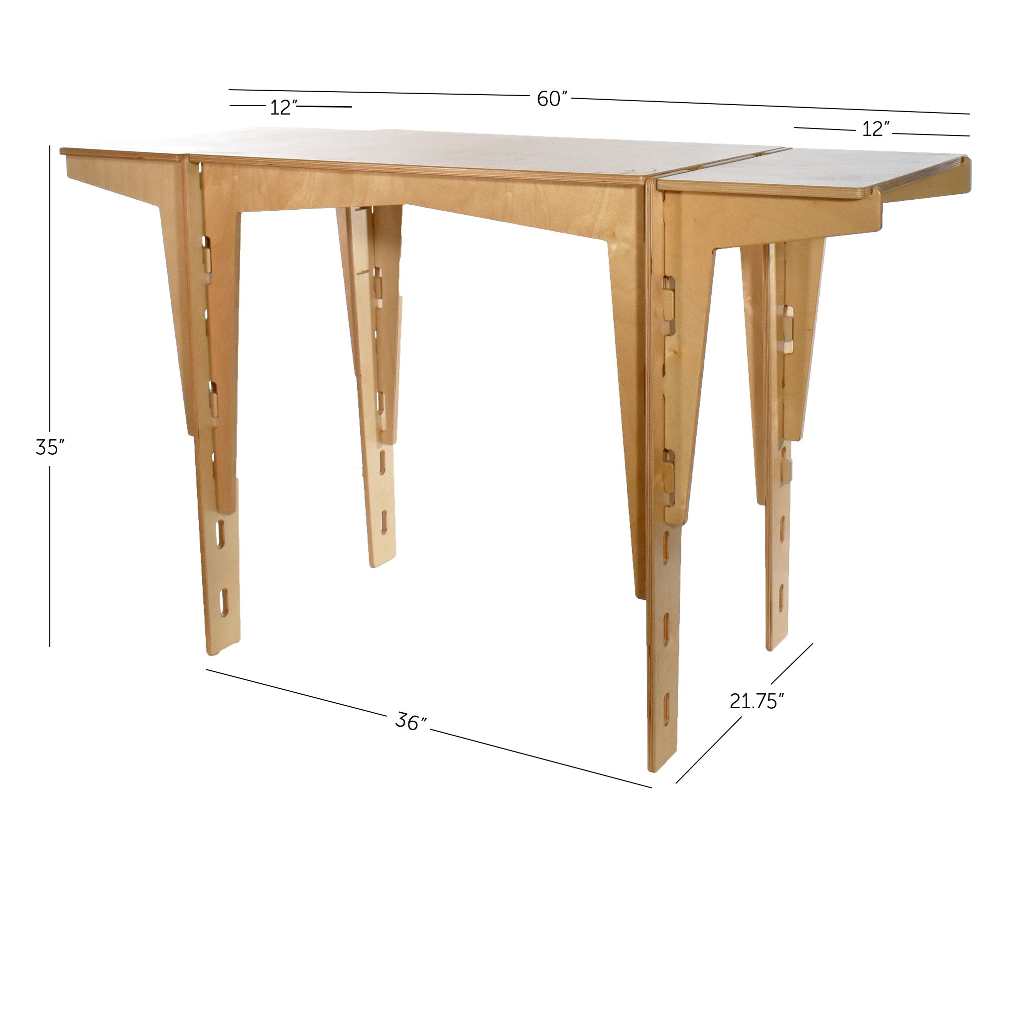 The dimensions of the sustainable MOD5 Adjustable Modular Desk with Two Shelves by FiVO, made of FSC-certified wood.