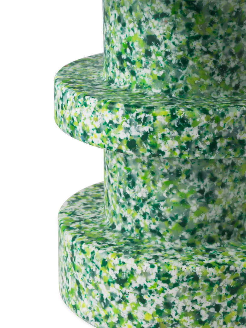 A Bit Stool Stack in Green, made of recycled post-consumer plastic by Normann Copenhagen, close-up.