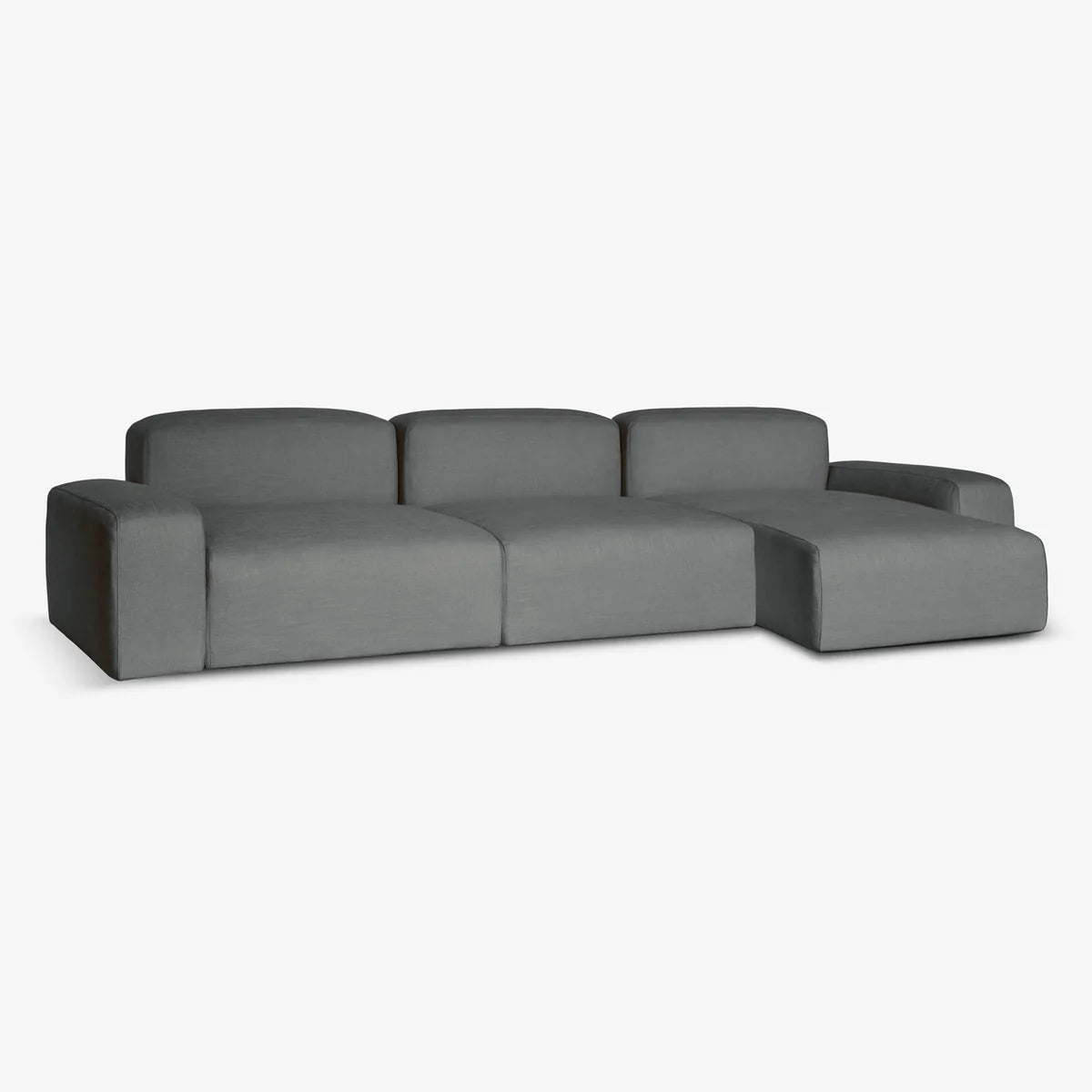 A gray modern sustainable sofa with nontoxic fabric, by Biosofa, angle view.