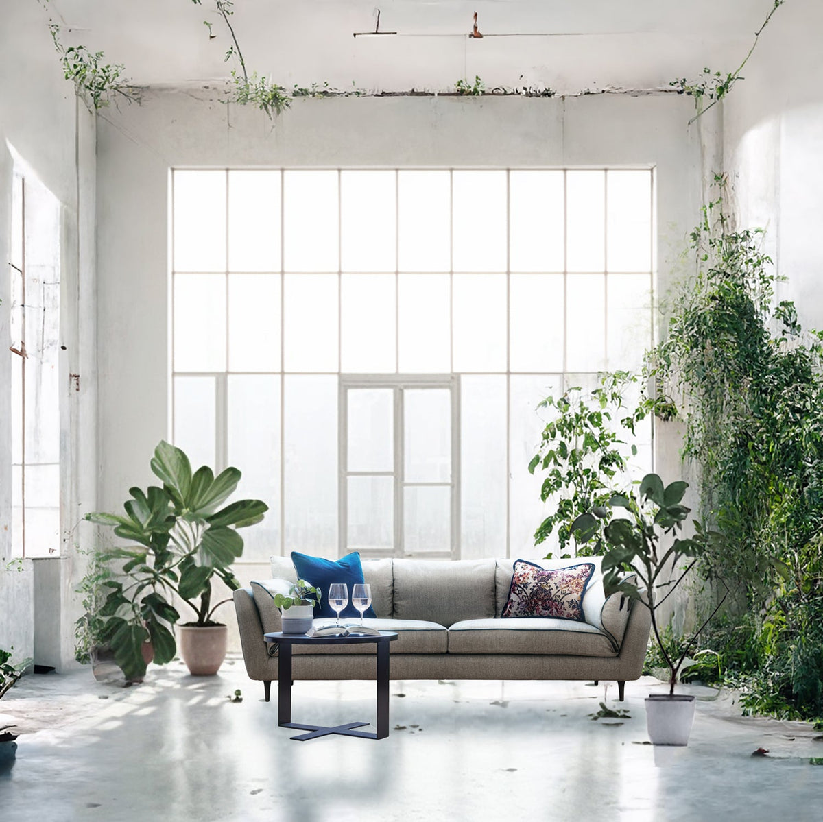 A sustainable Casquet Classic Sofa, made of FSC-certified wood by Biosofa, in light grey, placed in a living room.