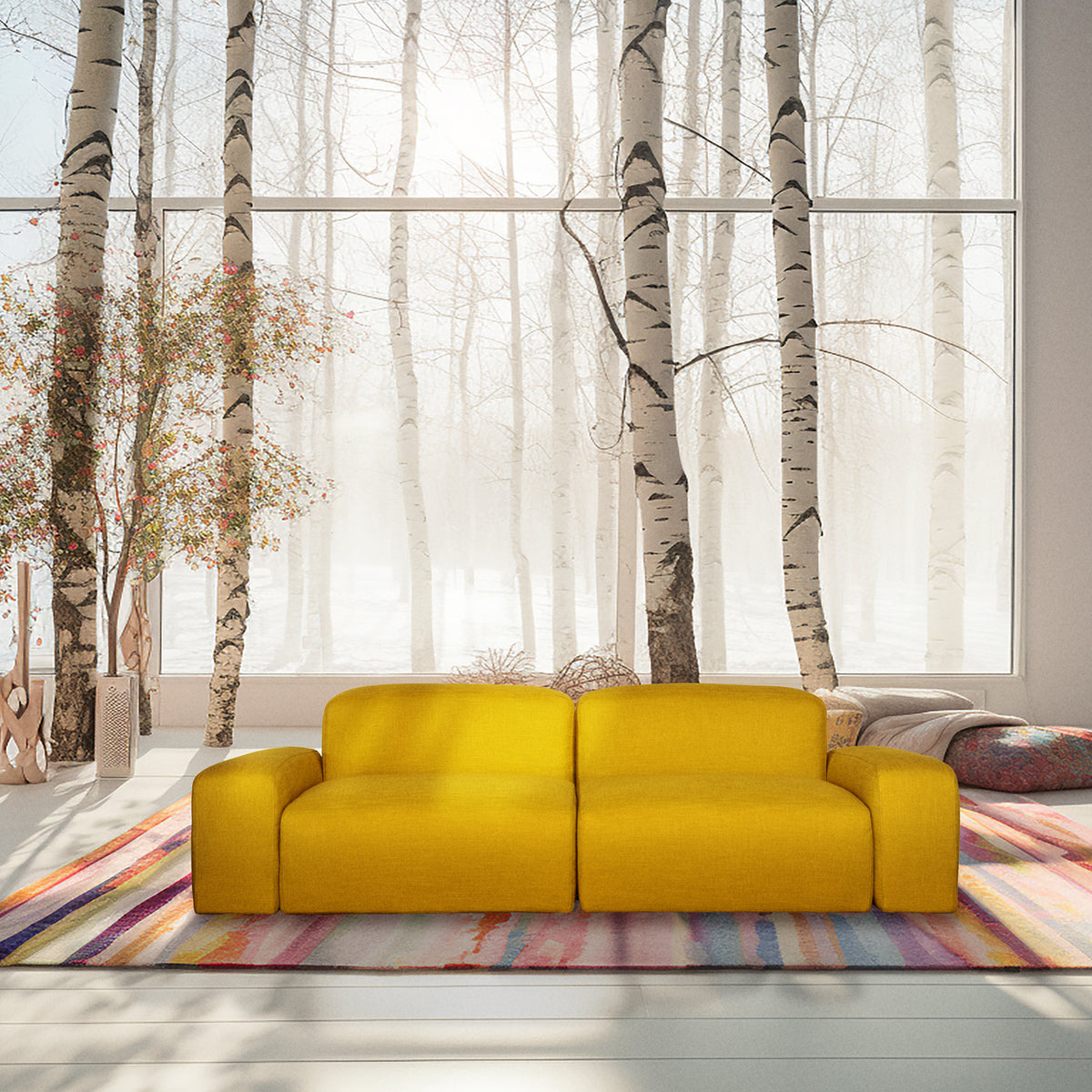 A sustainable two-seater Libero Sofa made of FSC-certified wood by Biosofa, in yellow.
