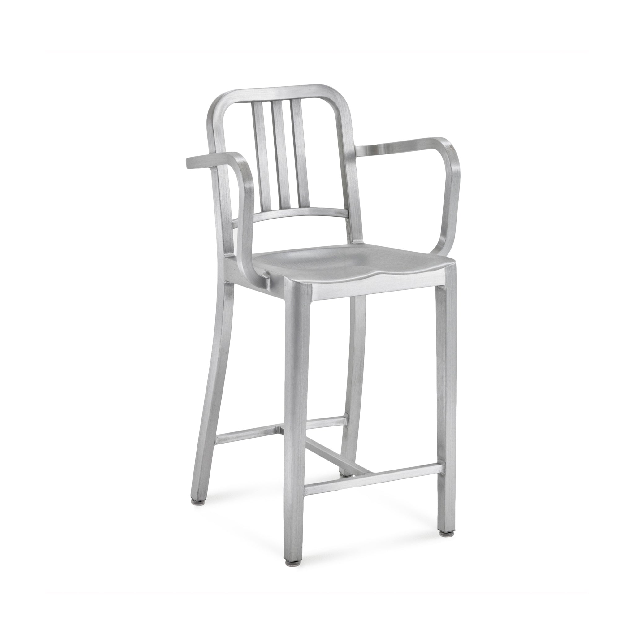 A recycled metal Navy Counter Chair with armrests by Emeco, in a brushed finish.
