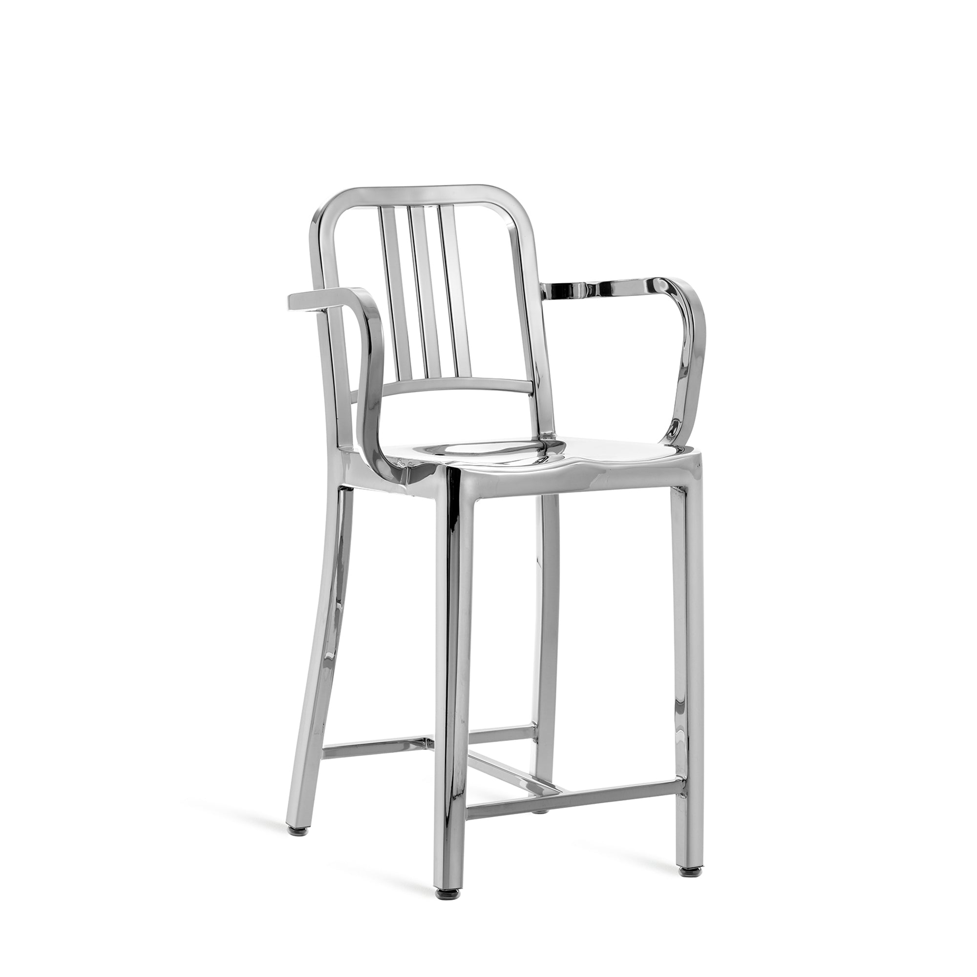 A recycled metal Navy Counter Chair with armrests by Emeco, in a polished finish.