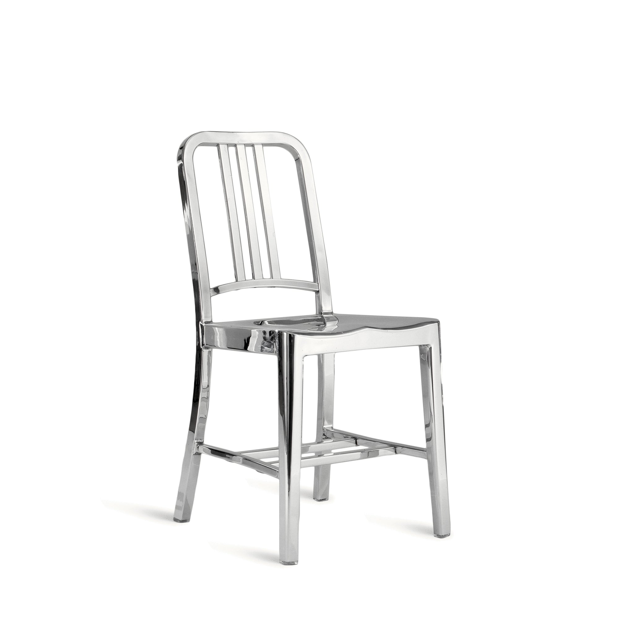 A recycled metal Navy Chair by Emeco, in a polished finish.