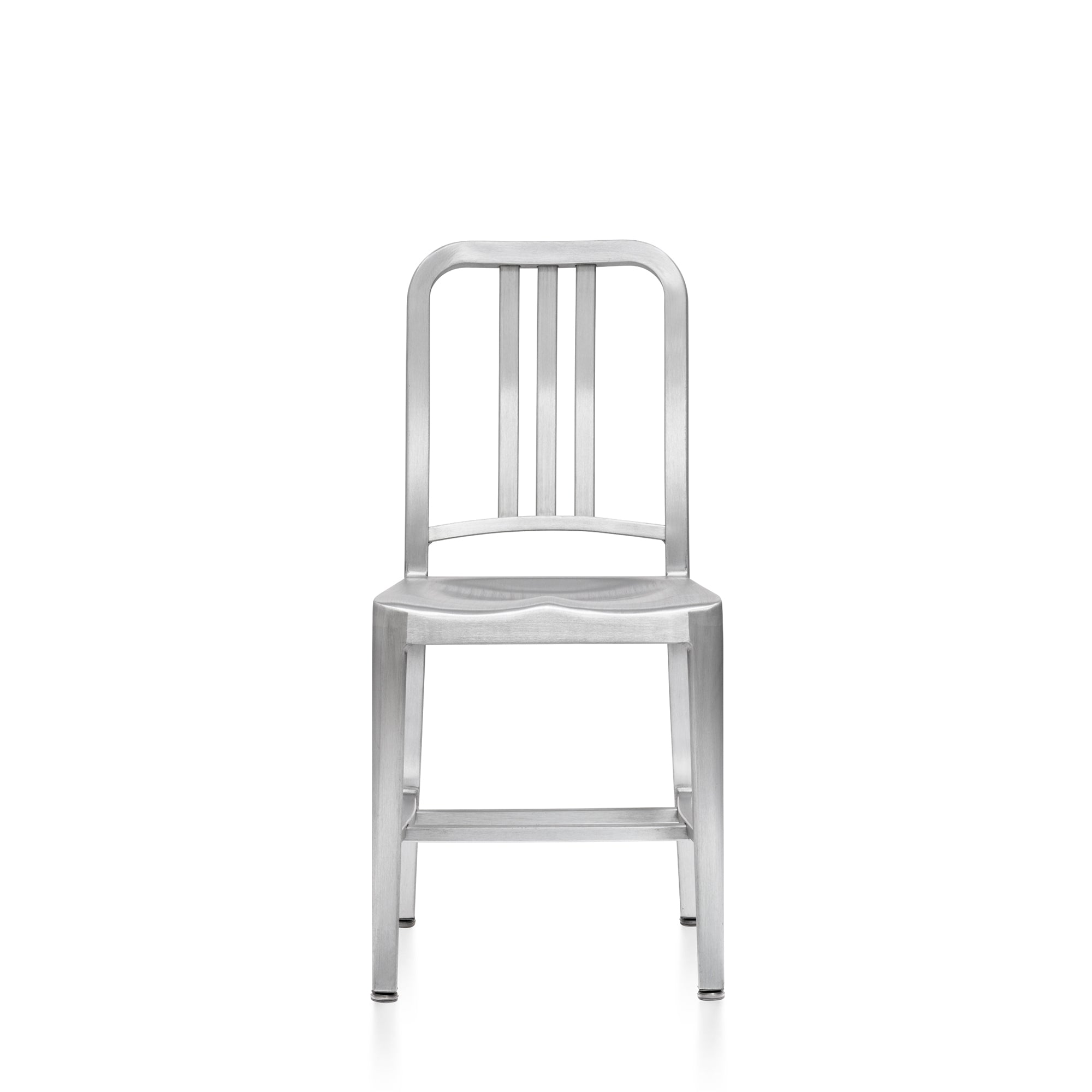 A recycled metal Navy Chair by Emeco, in a brushed finish, front view.