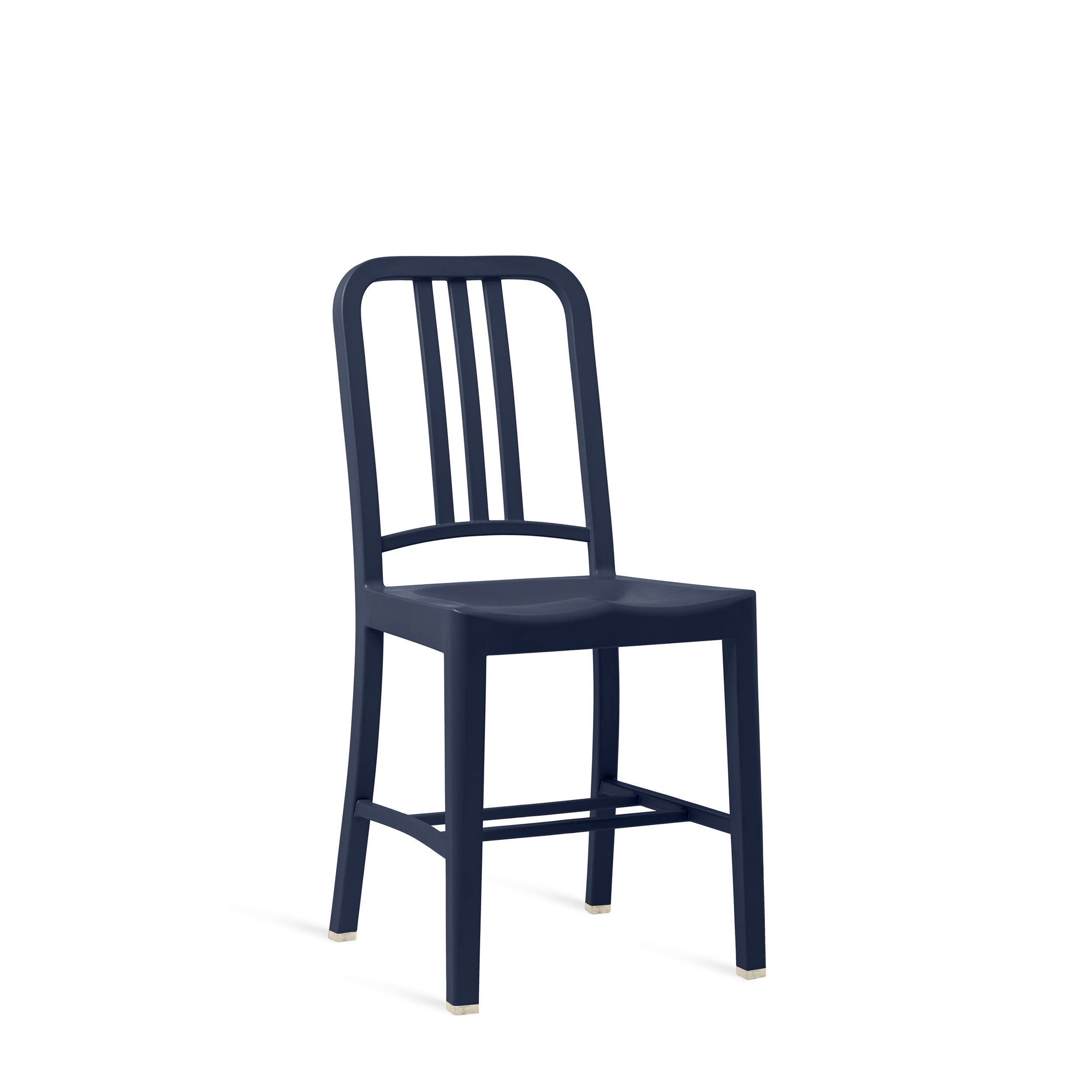 A recycled plastic bottle 111 Navy Chair by Emeco, in dark blue.