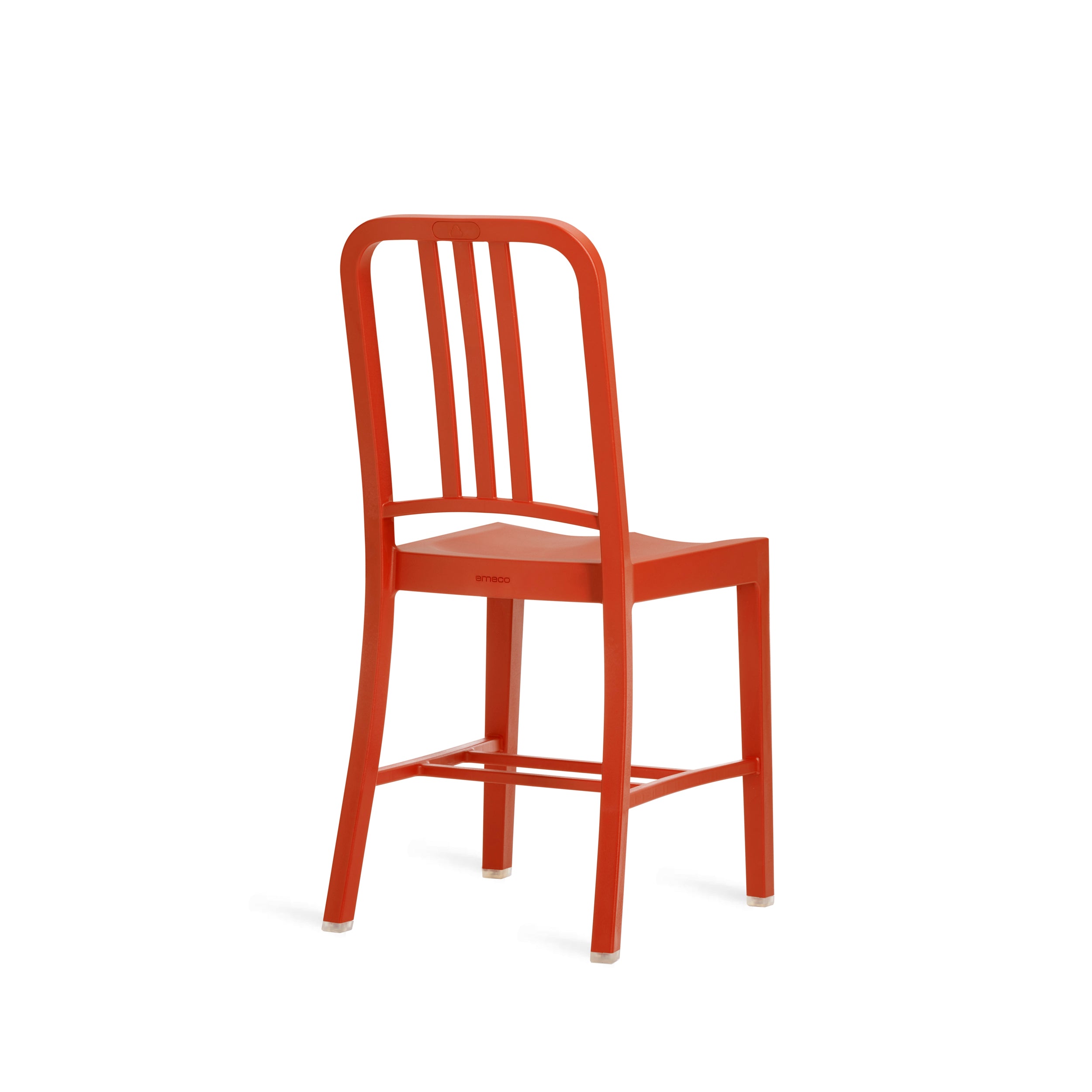 A recycled plastic bottle 111 Navy Chair by Emeco, in orange, back view.