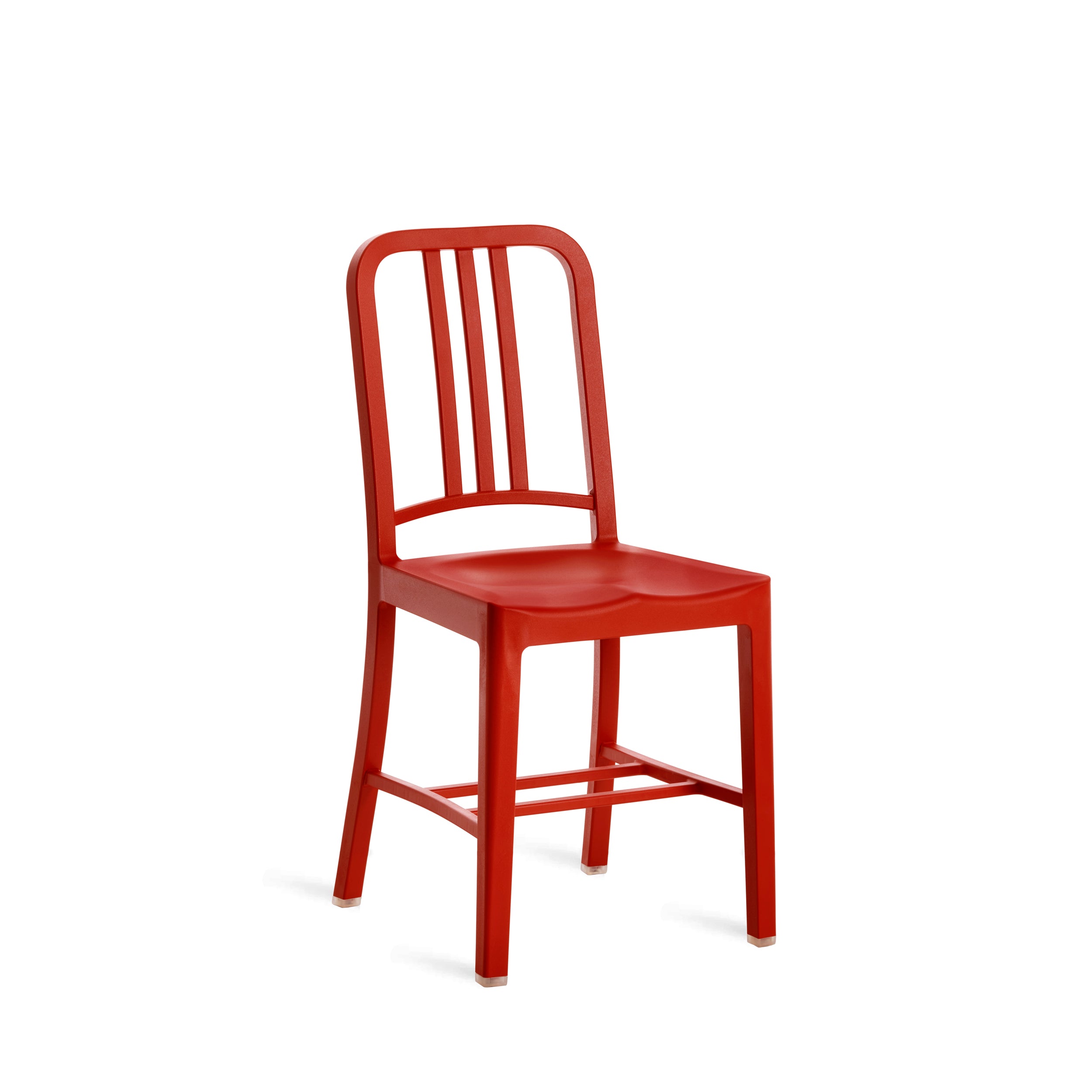 A recycled plastic bottle 111 Navy Chair by Emeco, in red.