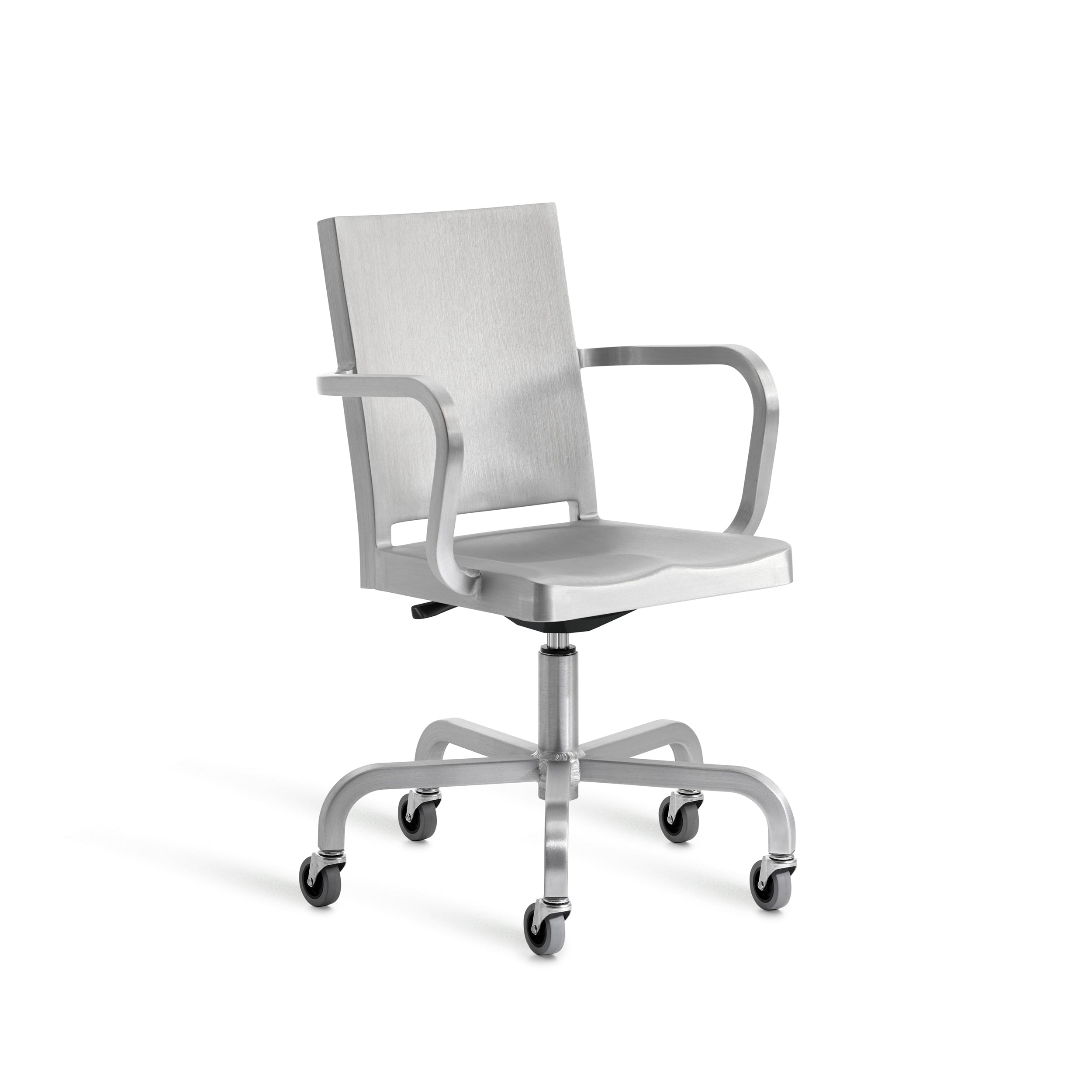 A recycled metal Hudson Swivel Chair by Emeco, armchair model, in a brushed finish.