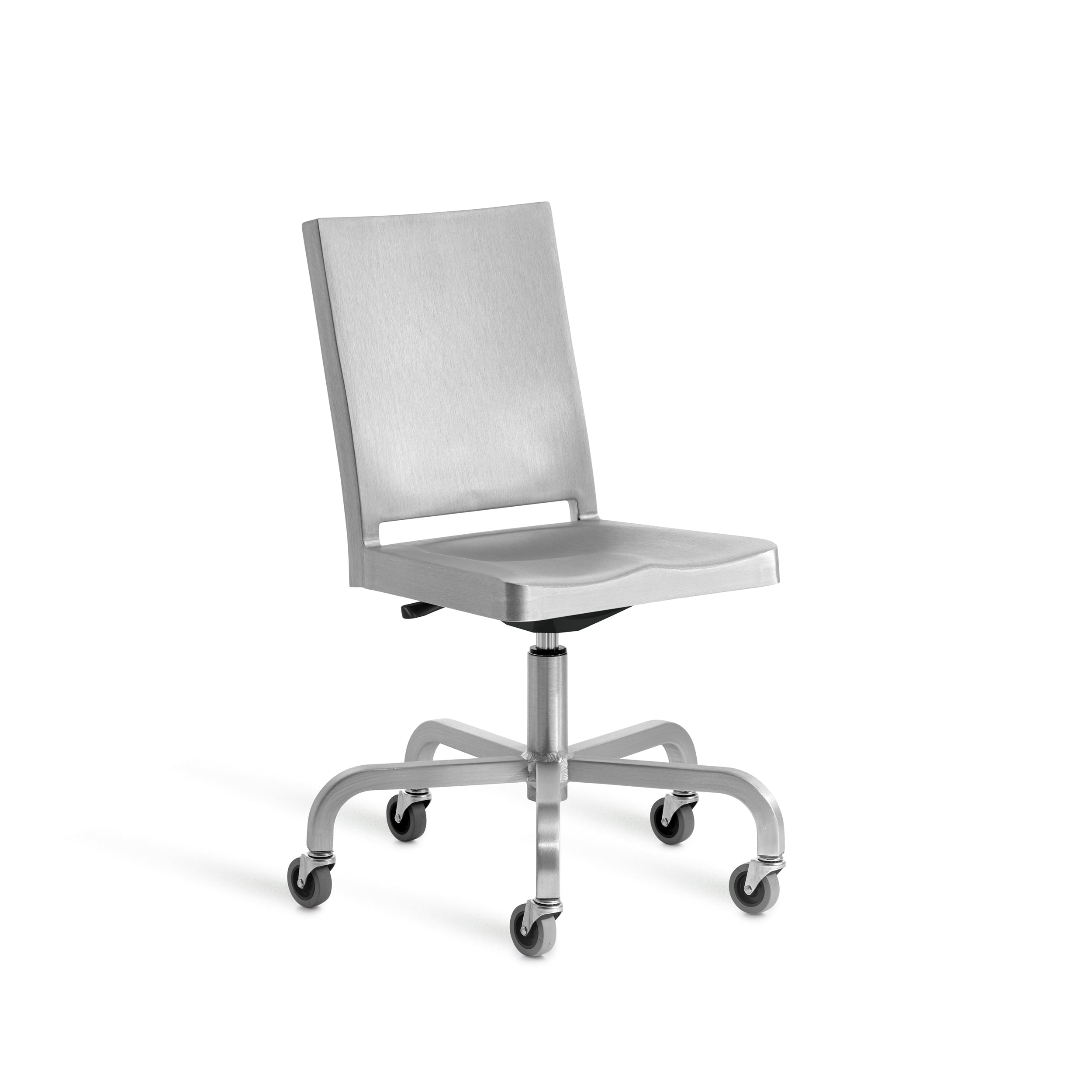 A recycled metal Hudson Swivel Chair by Emeco, in a brushed finish.