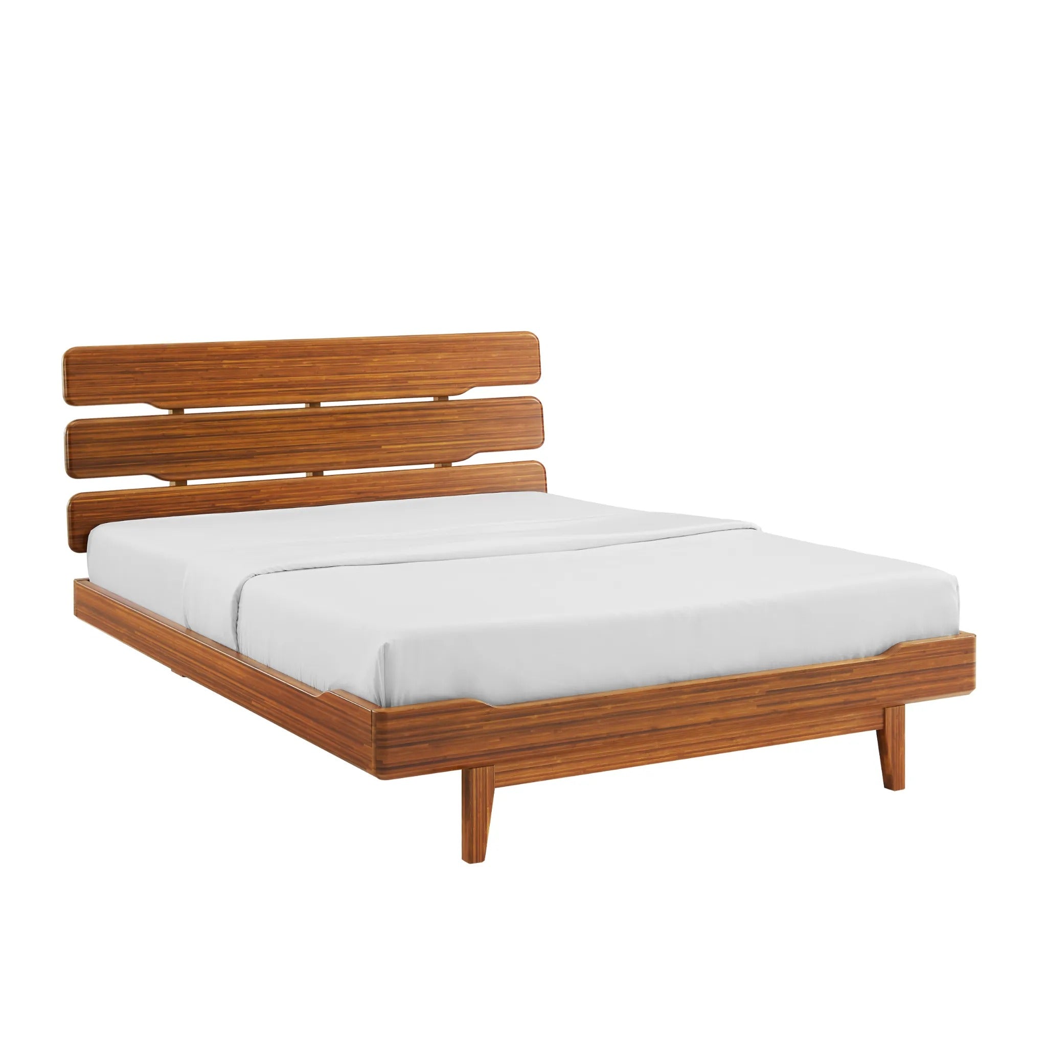 A renewable Currant Bamboo Bedframe by Greenington, in amber color, side angle view.