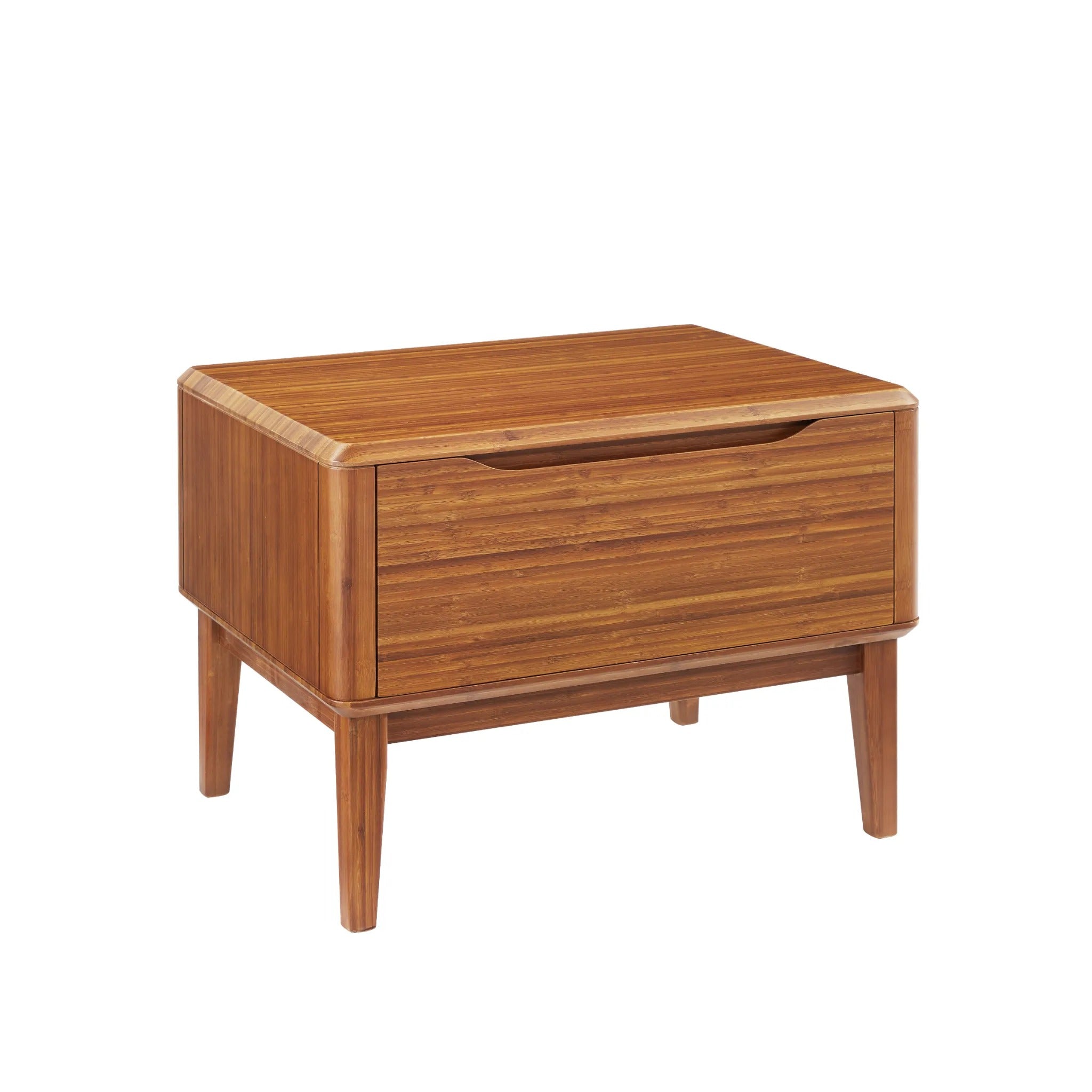 A renewable Currant Bamboo Nightstand by Greenington, in amber color, side angle view.