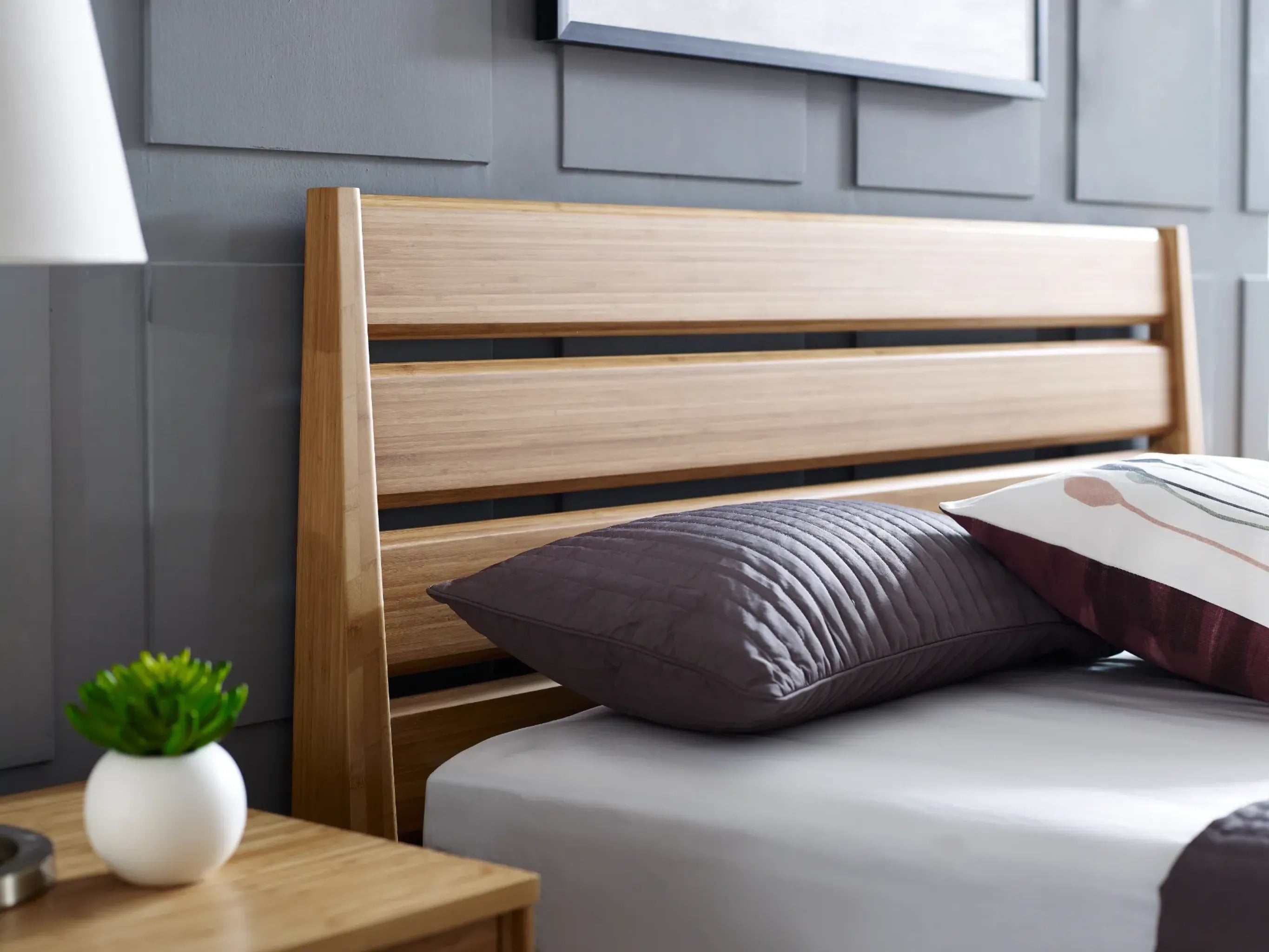The detail of the headboard of the sustainable Sienna Bamboo Bedframe by Greenington.
