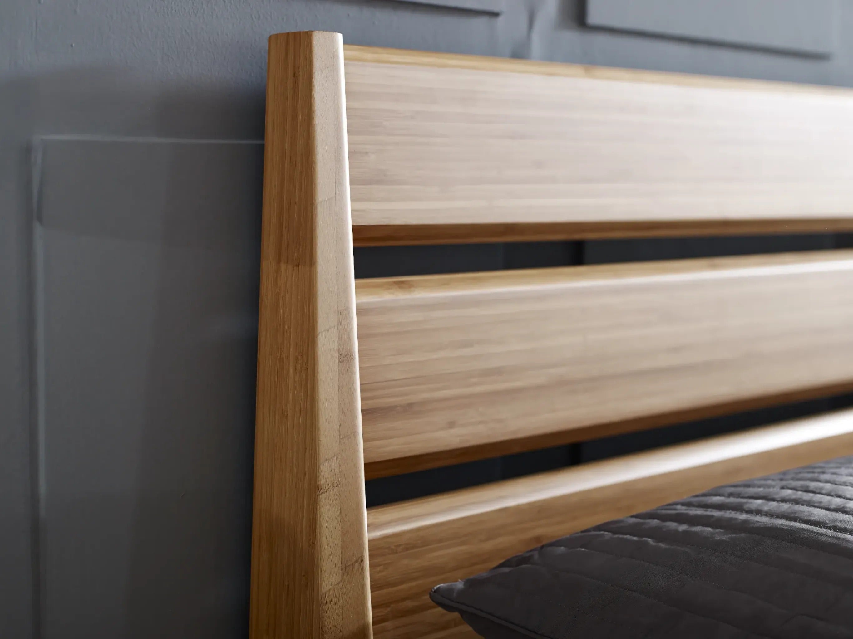 The finish details of the eco-friendly Sienna Bamboo Bedframe by Greenington.