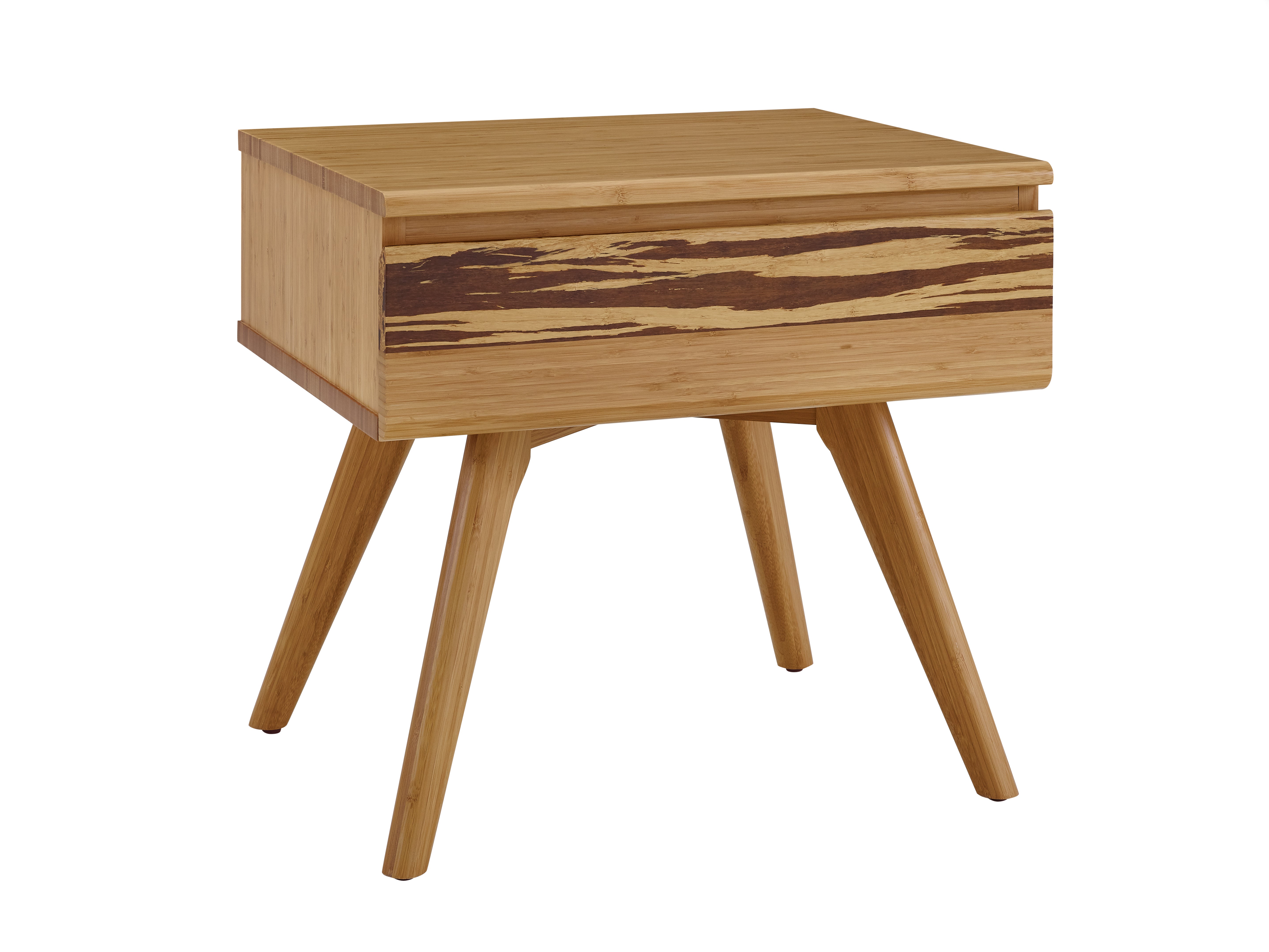 A renewable Azara Bamboo Nightstand by Greenington, in caramel color, side angle view.