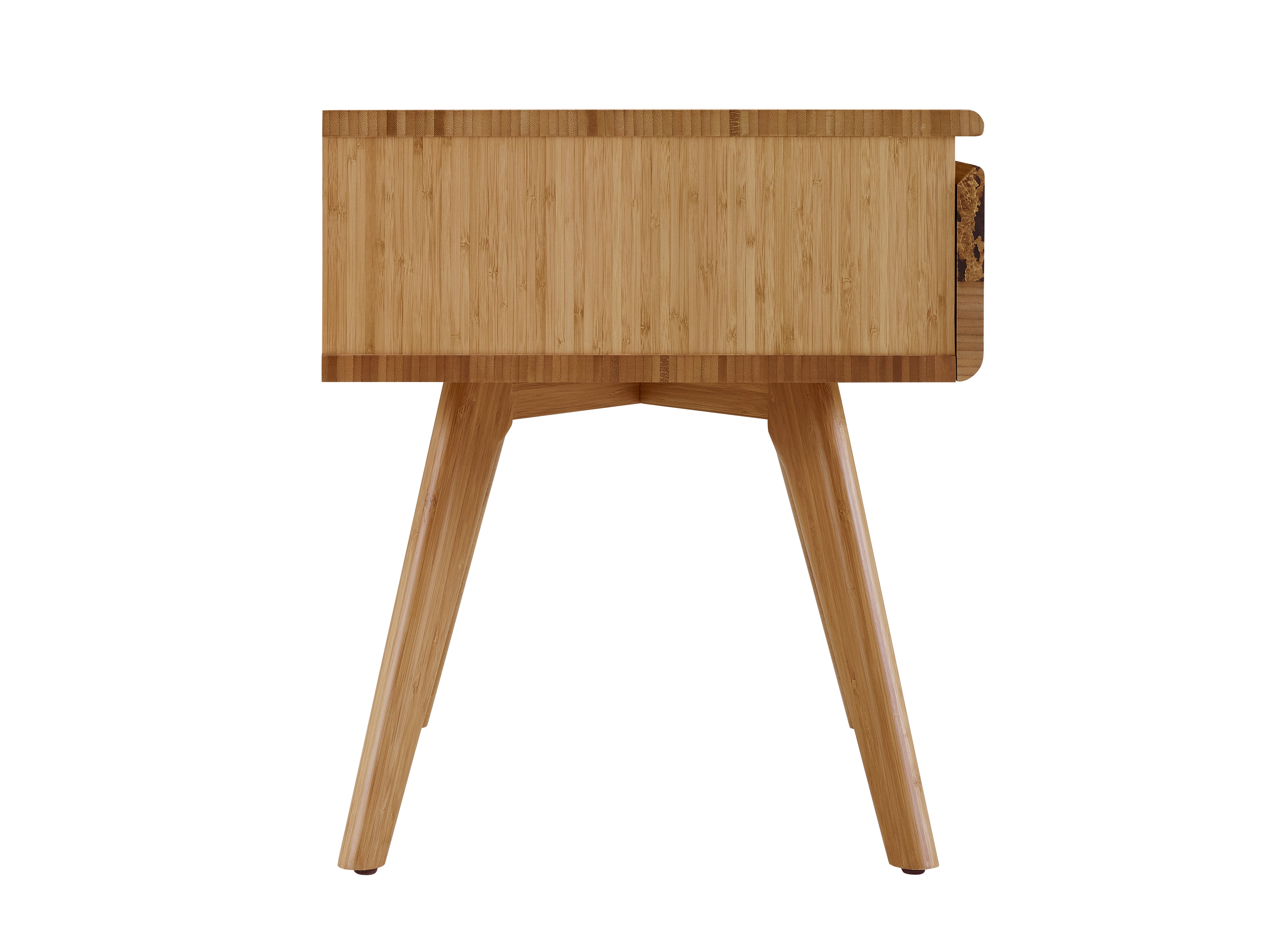 A renewable Azara Bamboo Nightstand by Greenington, in caramel color, side detail view.