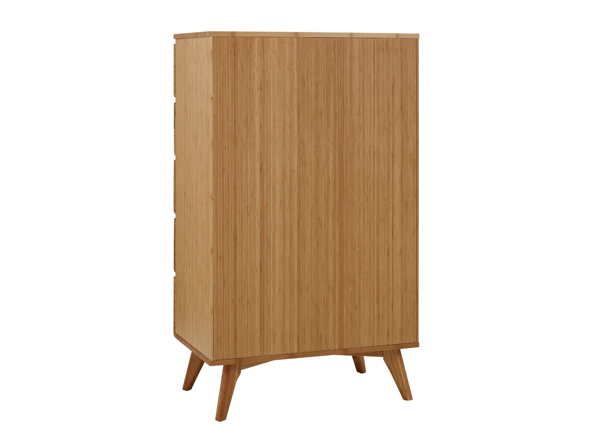 A sustainable Azara Bamboo High Dresser by Greenington, in caramel color, back view.