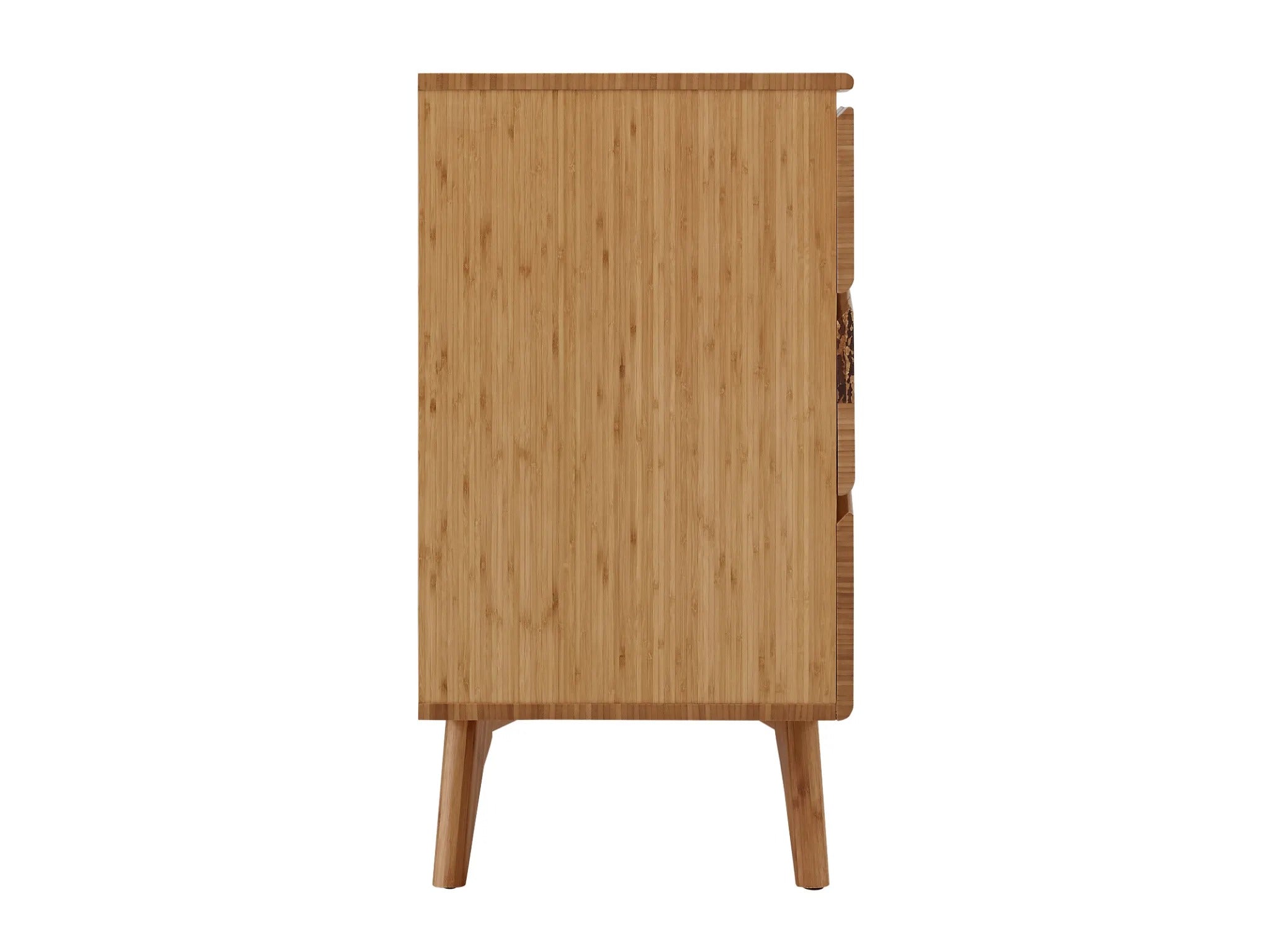 A sustainable Azara Bamboo Low Dresser by Greenington, in caramel color, side view.