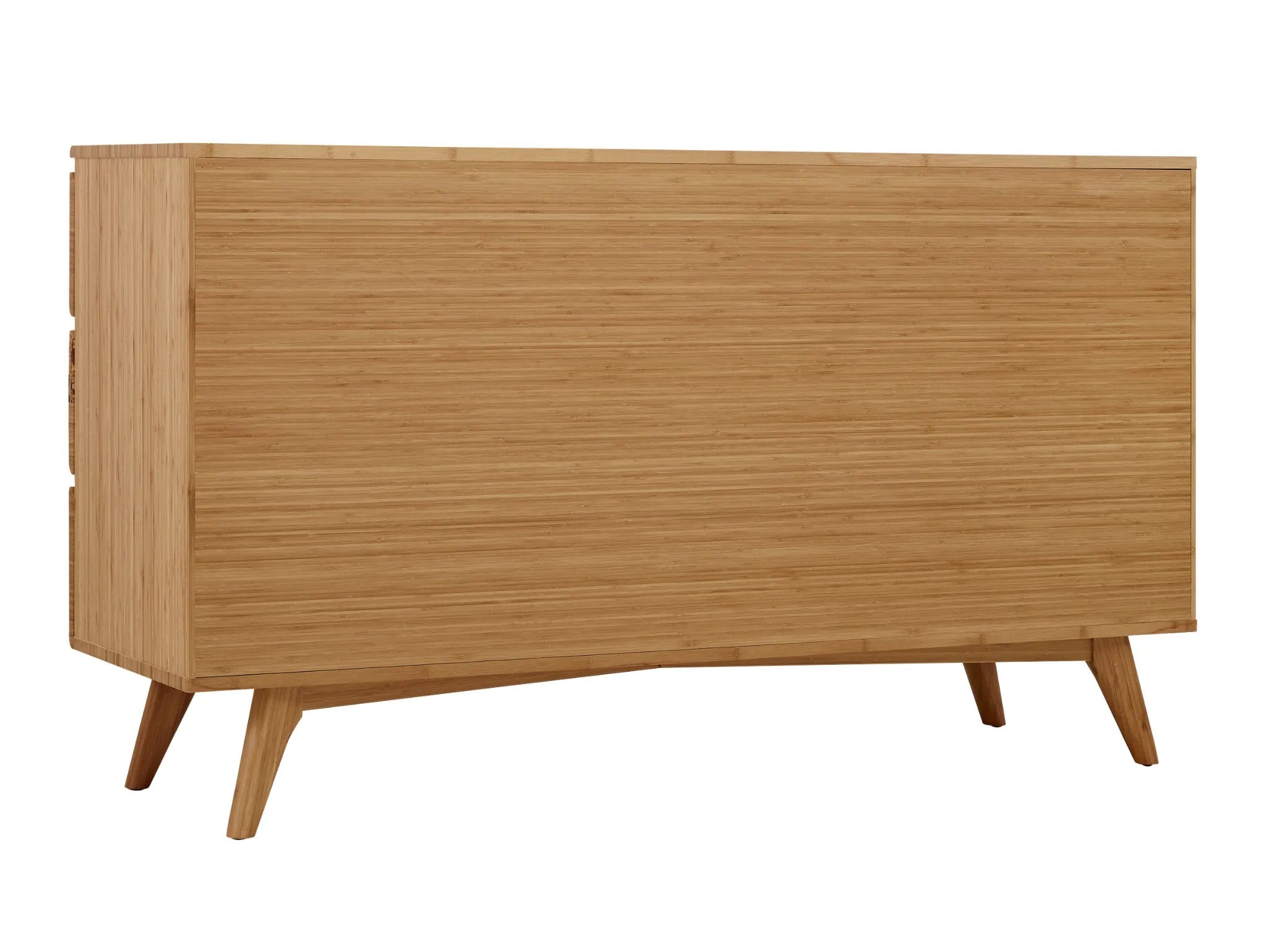 A sustainable Azara Bamboo Low Dresser by Greenington, in caramel color, back view.
