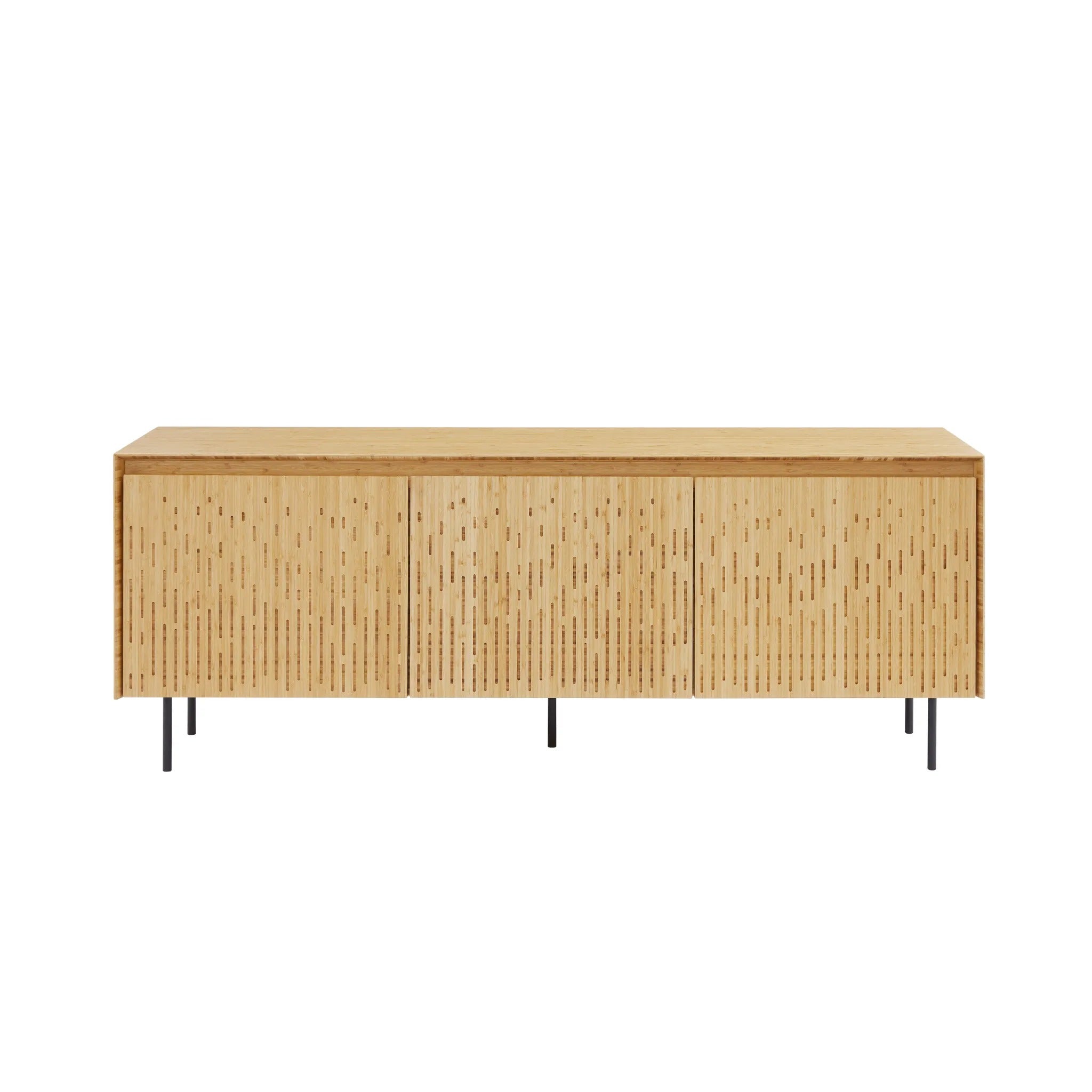 A sustainable Hanna Bamboo Sideboard by Greenington. Light colored, featuring a with a geometric cutout design on the front.
