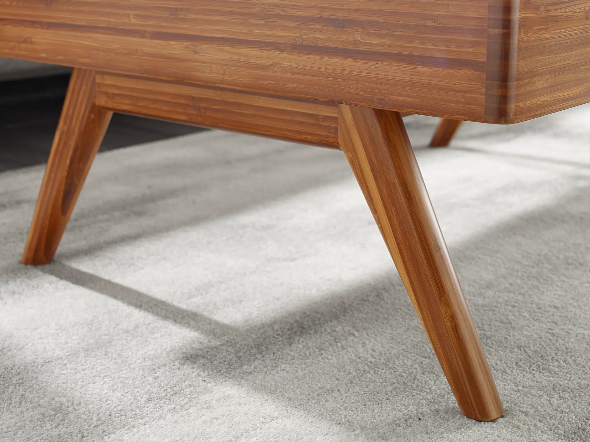 A sustainable Rhody Lift Coffee Table with Storage by Greenington, leg detailed view.