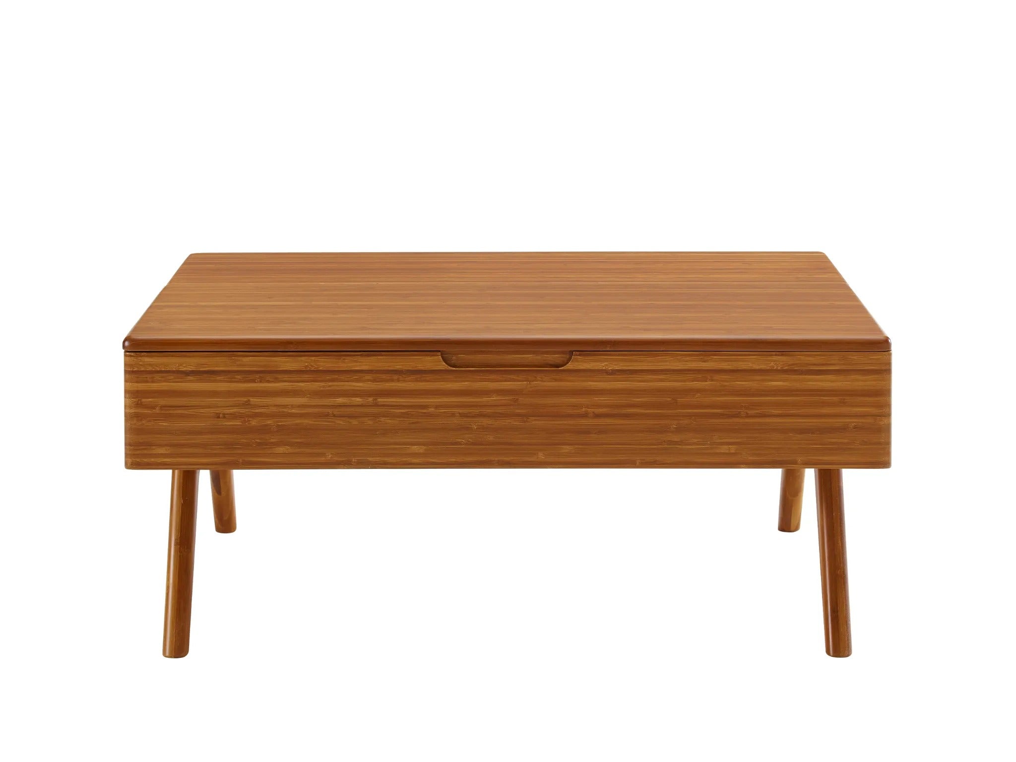 A sustainable bamboo Rhody Lift Coffee Table with Storage by Greenington, front view.