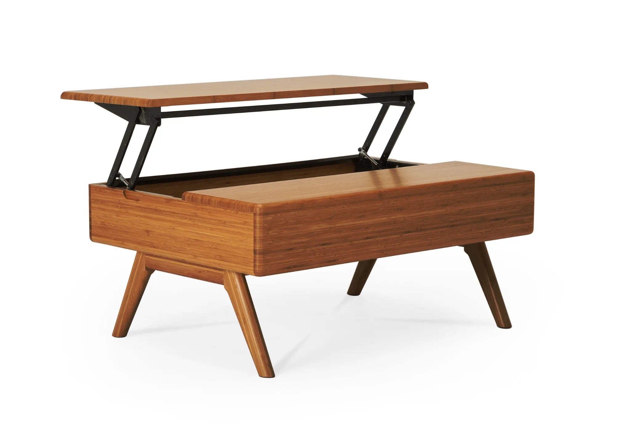 A bamboo Rhody Lift Coffee Table with Storage by Greenington, with an adjustable tabletop that raises up for hidden storage.