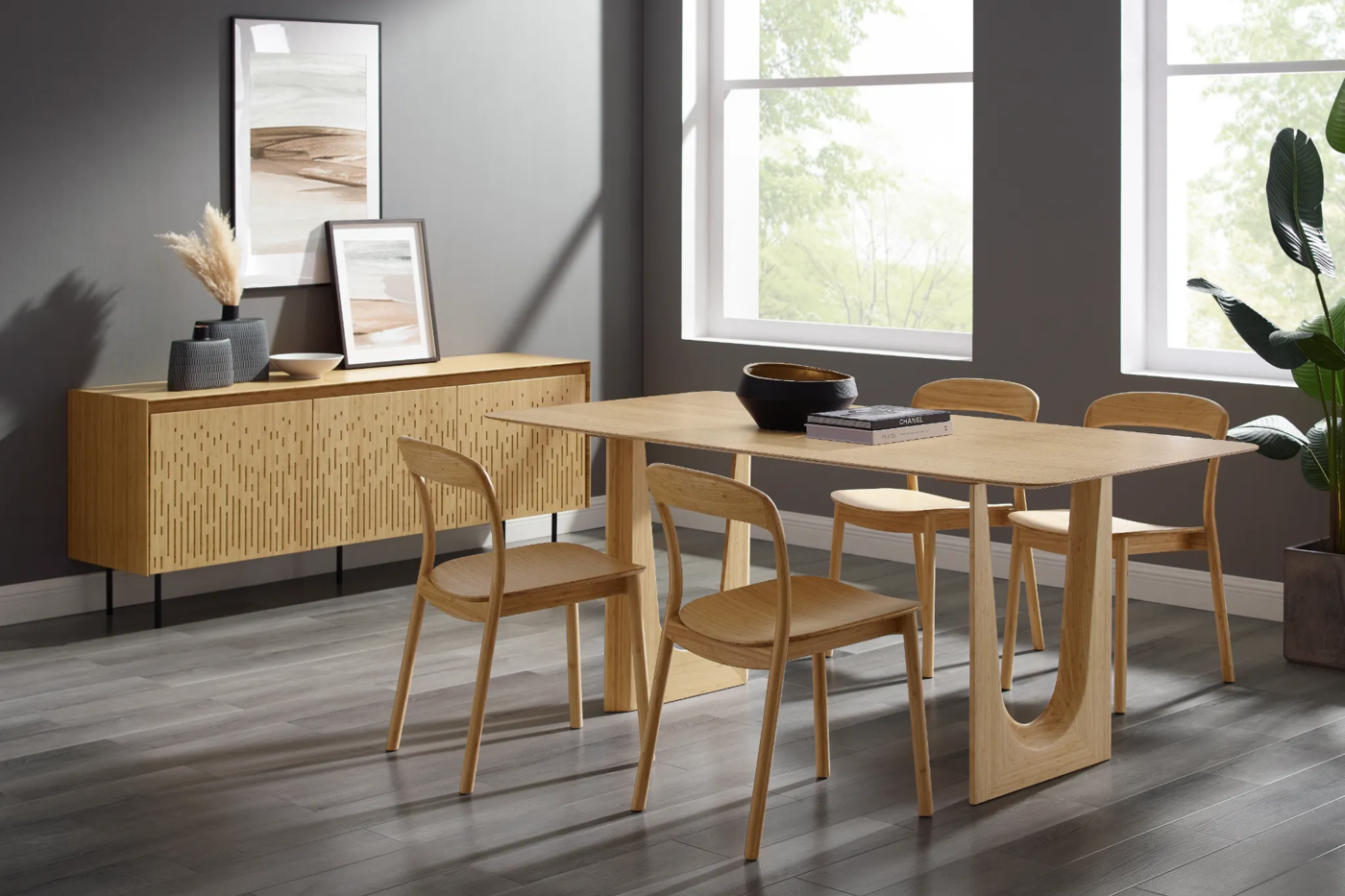 A bamboo sustainable dining table and matching bamboo chairs, with a sustainable sideboard creating an eco-friendly dining set.