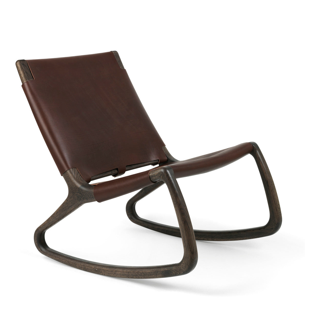 A dark brown leather Modern Rocker Chair made with FSC-certified wood, by Mater.