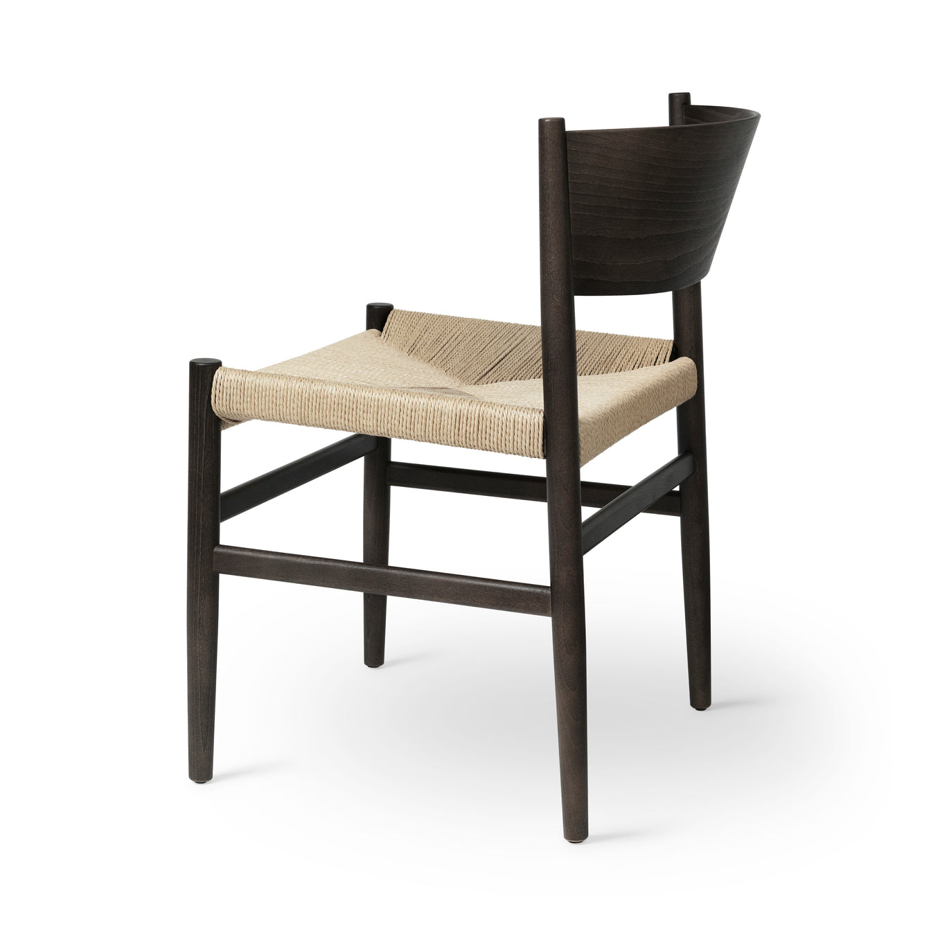 A grey natural Nestor chair made of FSC-certified wood by Mater, back view.