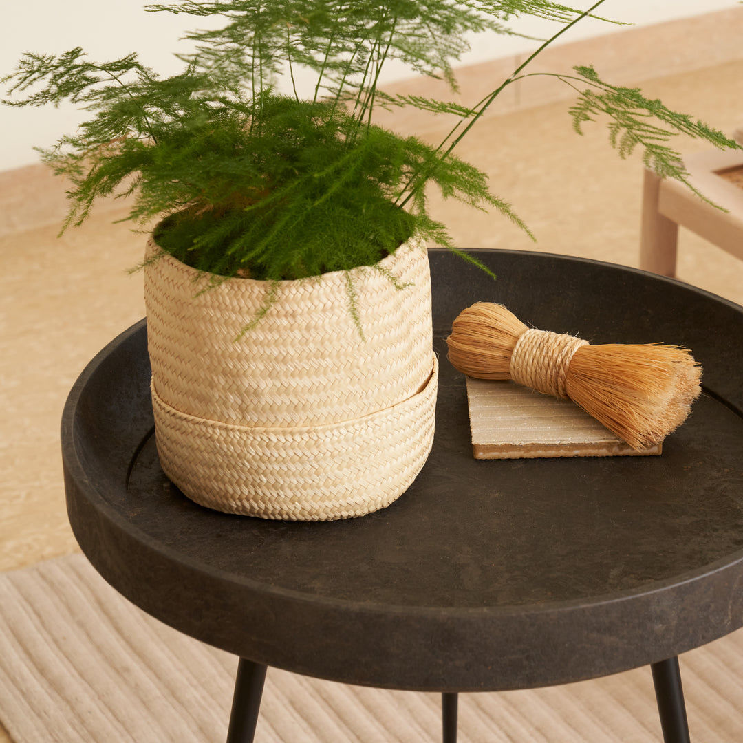 An eco-friendly black Matek bowl table made with recycled materials by Mater, with a potted fern in a woven basket on top.