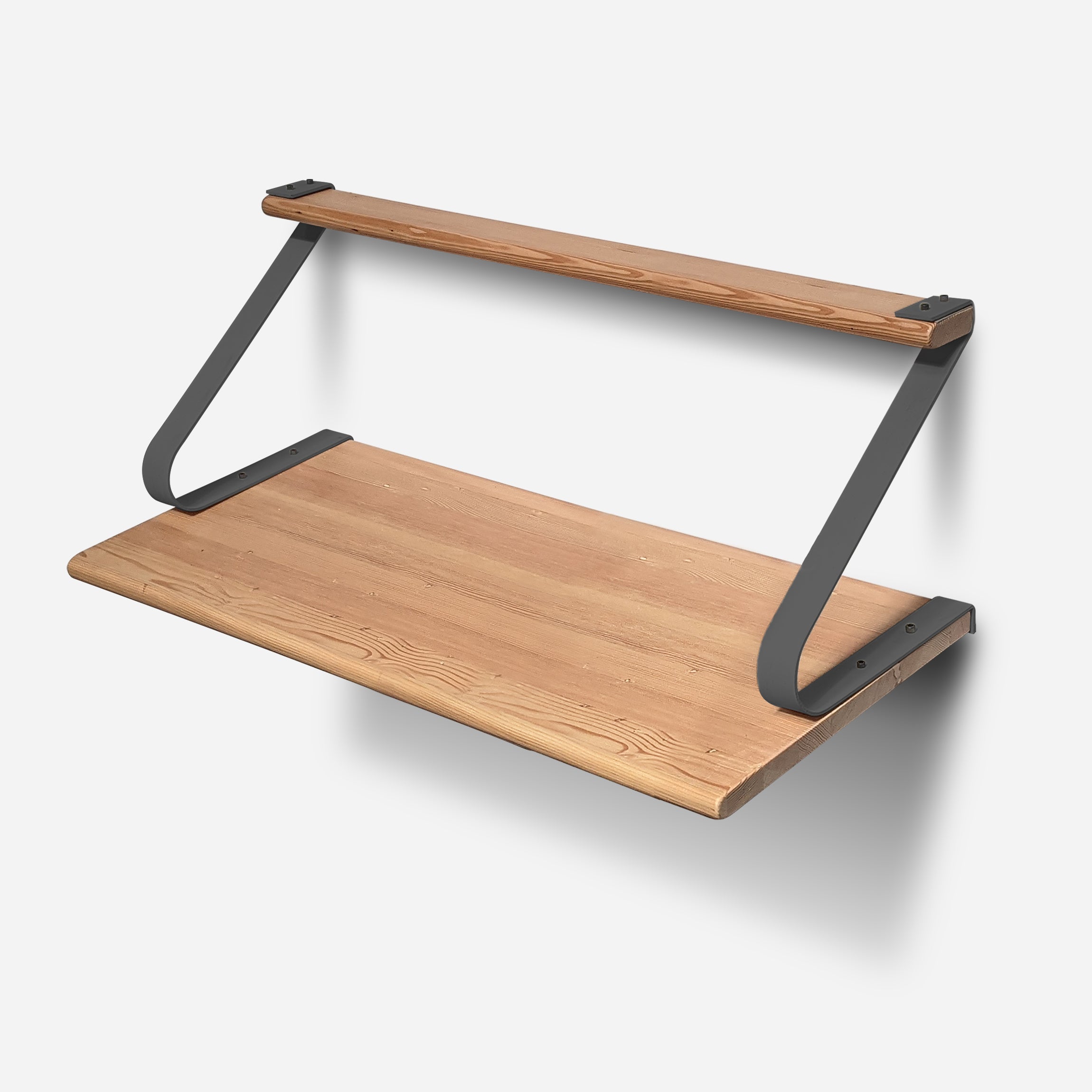 A wall-mounted desk designed for laptops, The UnderSTUDY Shelf Desk by Formr, is combines reclaimed wood and refined metal brackets.