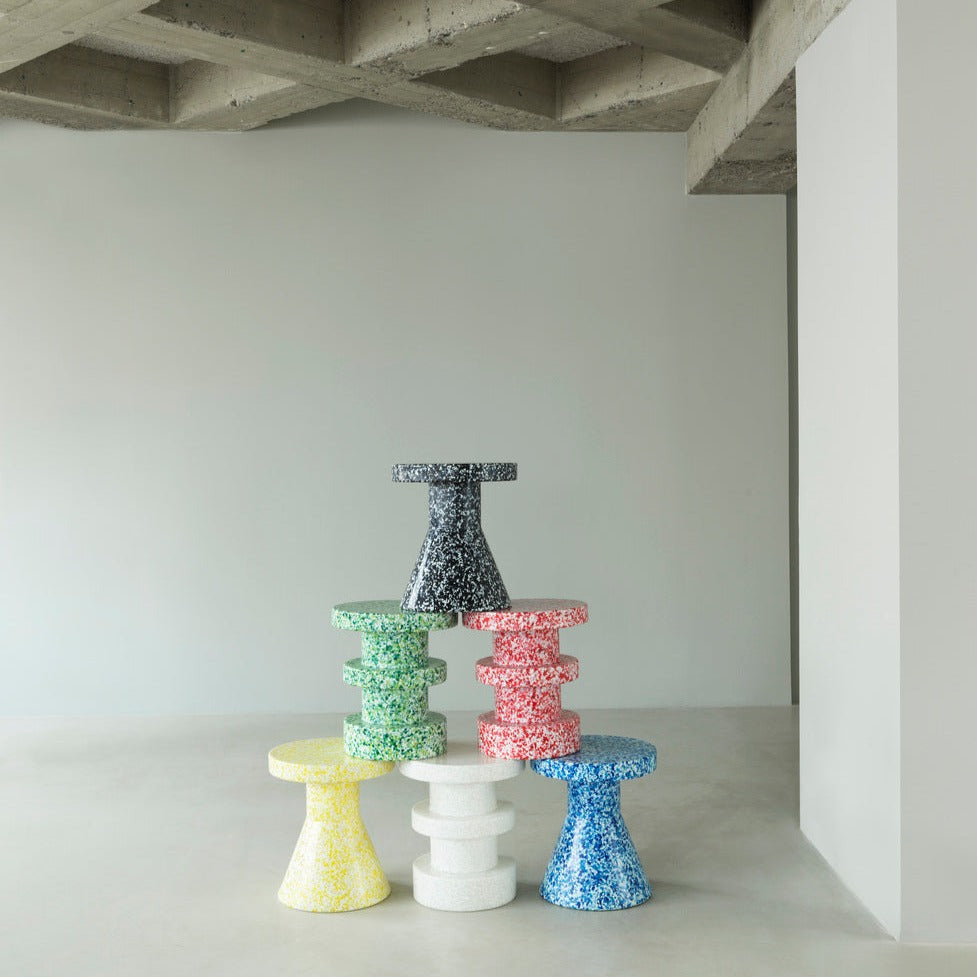 Six recycled plastic stools or side tables by Normann Copenhagen, in different styles in blue, white, red, yellow and green. 