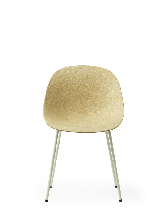 Six renewable Mat Chairs by Normann Copenhagen, with white-coated legs, around a long office table in a white room.