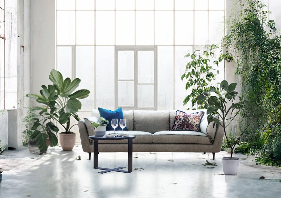 A sustainable sofa, two-seater, made with FSC-certified wood and natural latex.