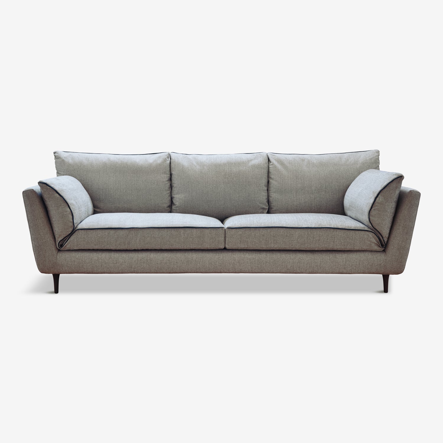 A sustainable three-seater Casquet Classic Sofa, made of FSC-certified wood by Biosofa, in light grey.