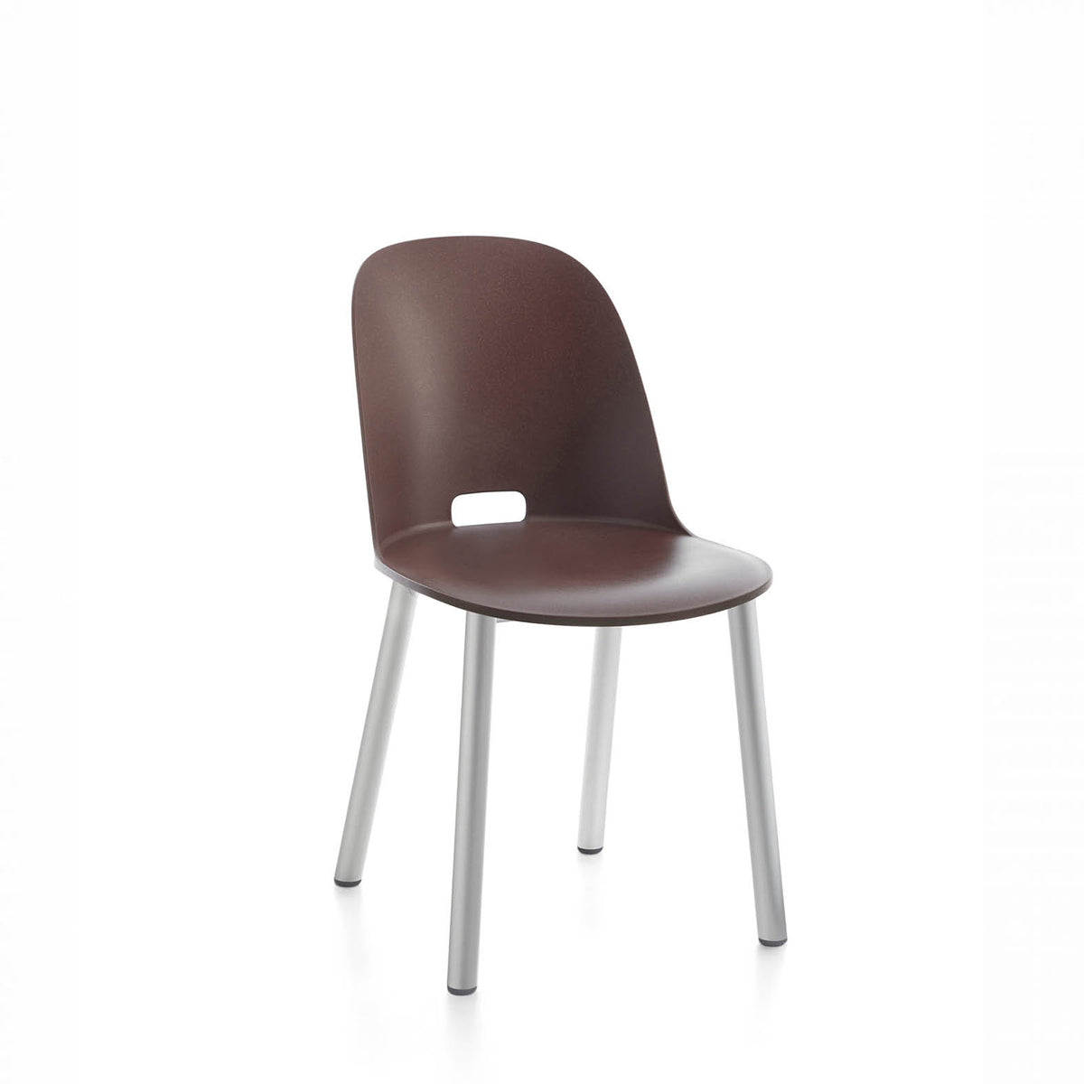 An Alfi recycled chair by Emeco, in brown with clear coated legs.