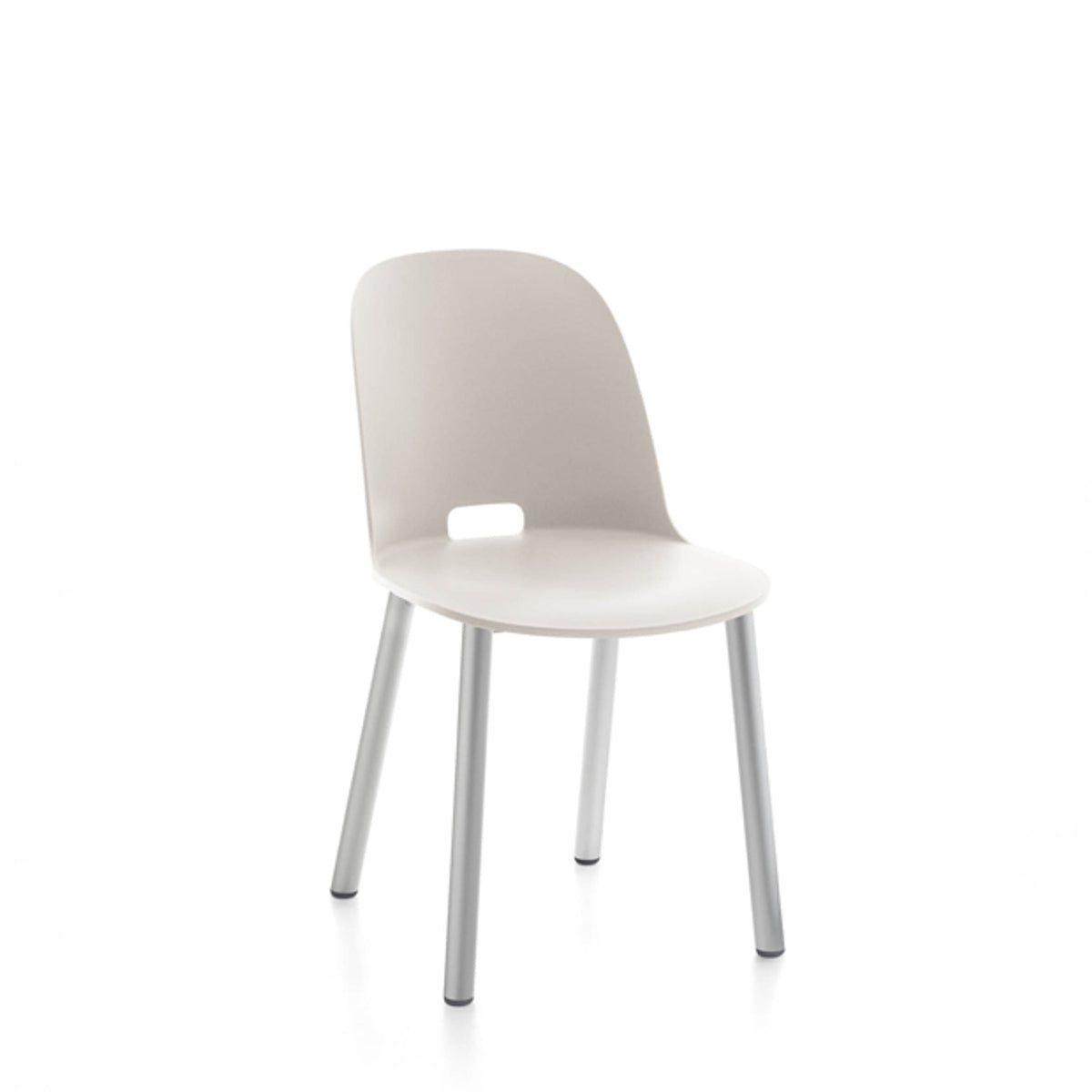 An Alfi recycled chair by Emeco, in white with clear coated legs.