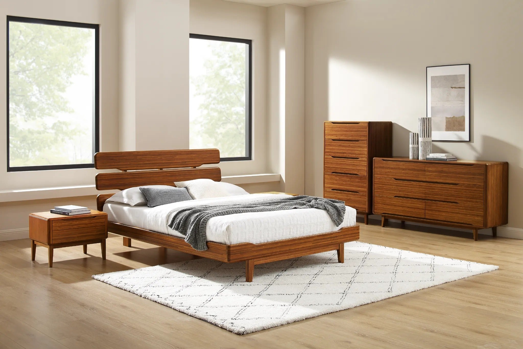 A renewable Currant Bamboo High Dresser by Greenington, in amber color, placed in a bedroom alongside the bed, a nightstand, and a low dresser.