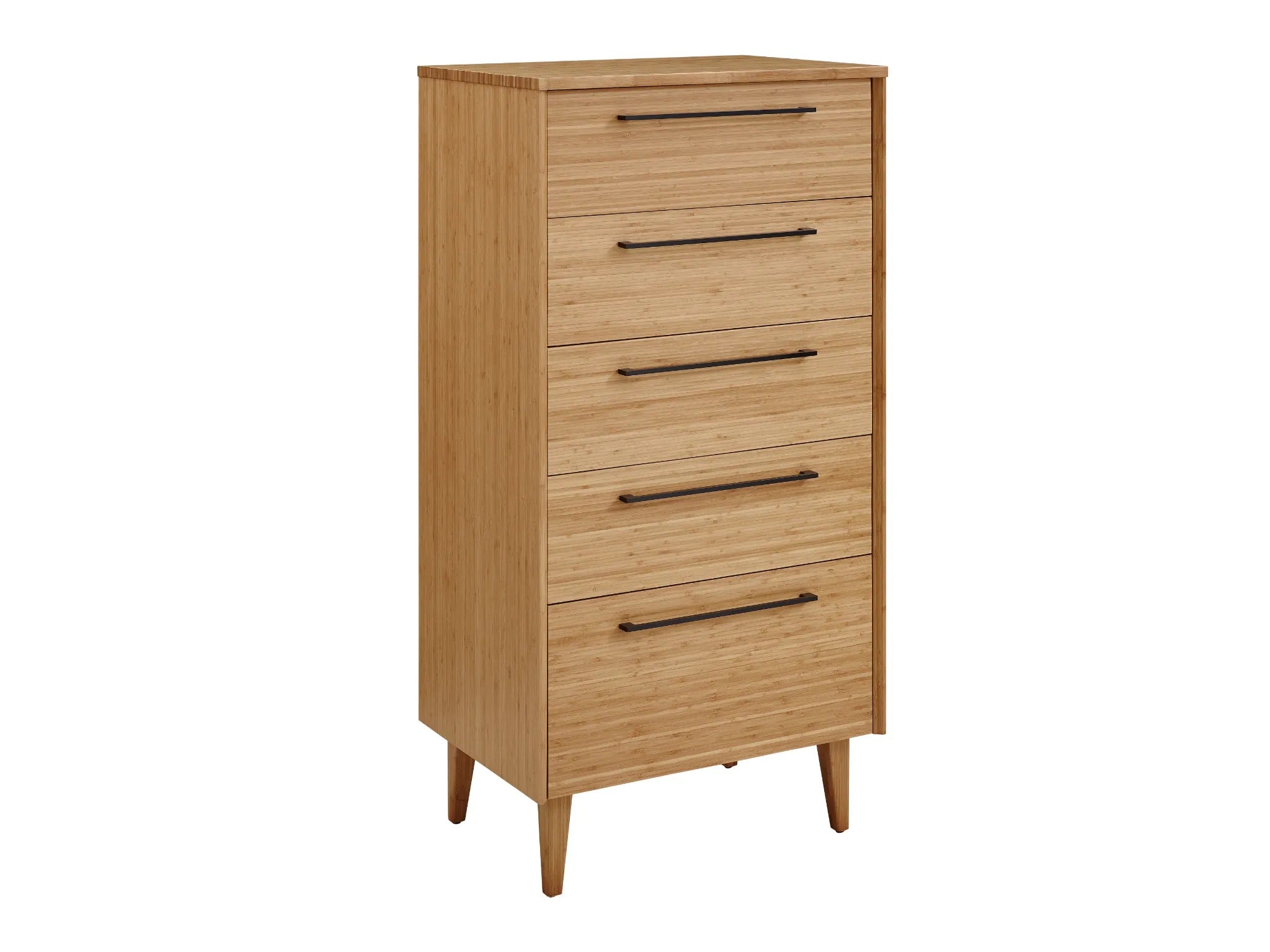 A renewable Sienna Bamboo High Dresser by Greenington, side angle view.