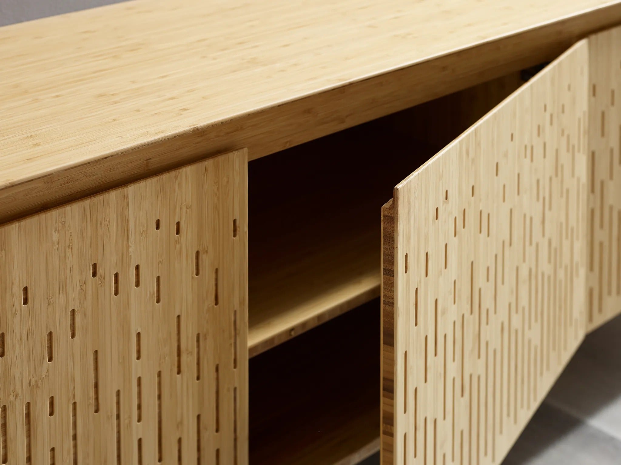 A sustainable Hanna Bamboo Console Sideboard by Greenington, detailed view of the door.