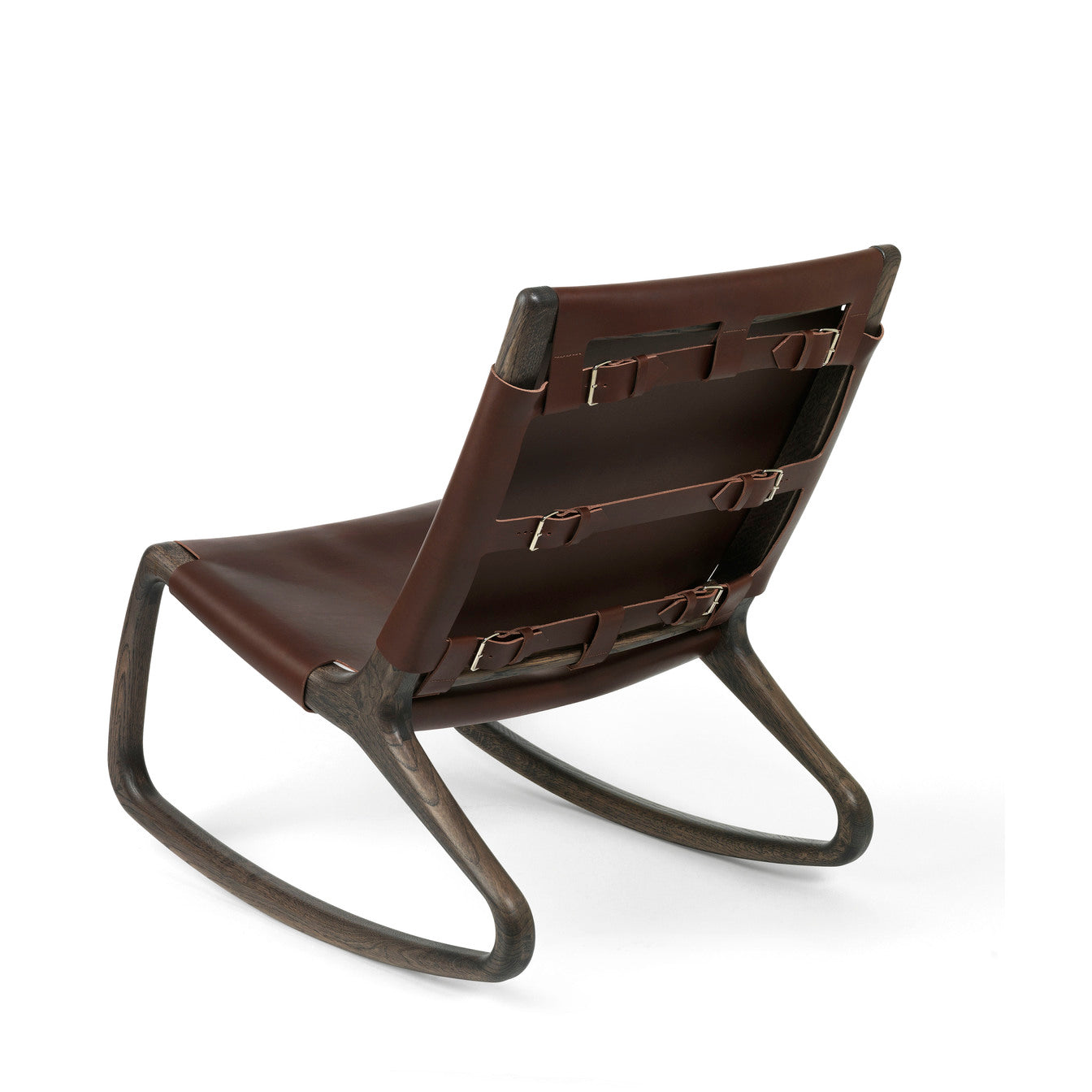 A dark brown Modern Rocker Chair made with FSC-certified wood by Mater, back view.