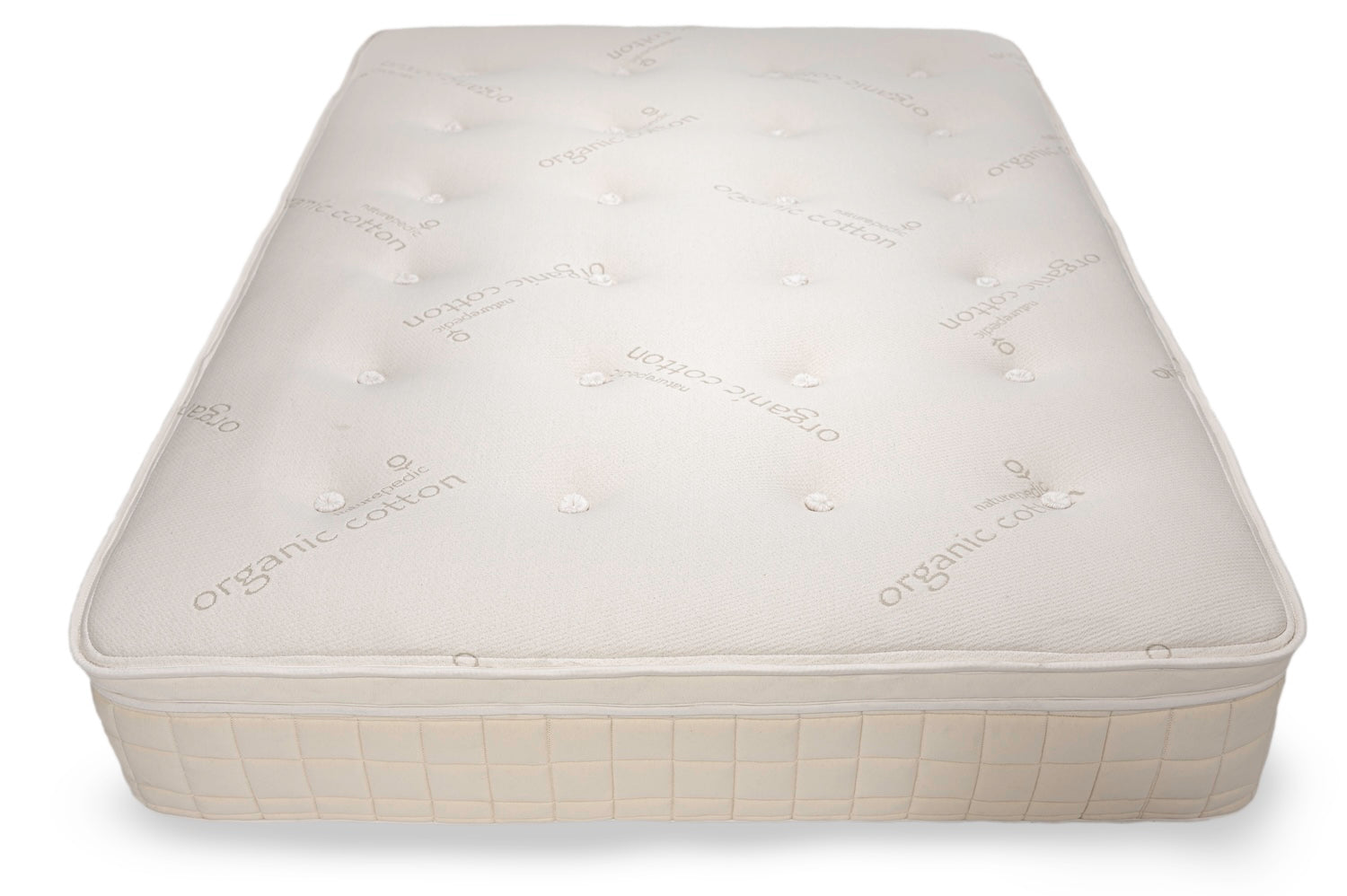White mattress with brand logo on a white background, top view